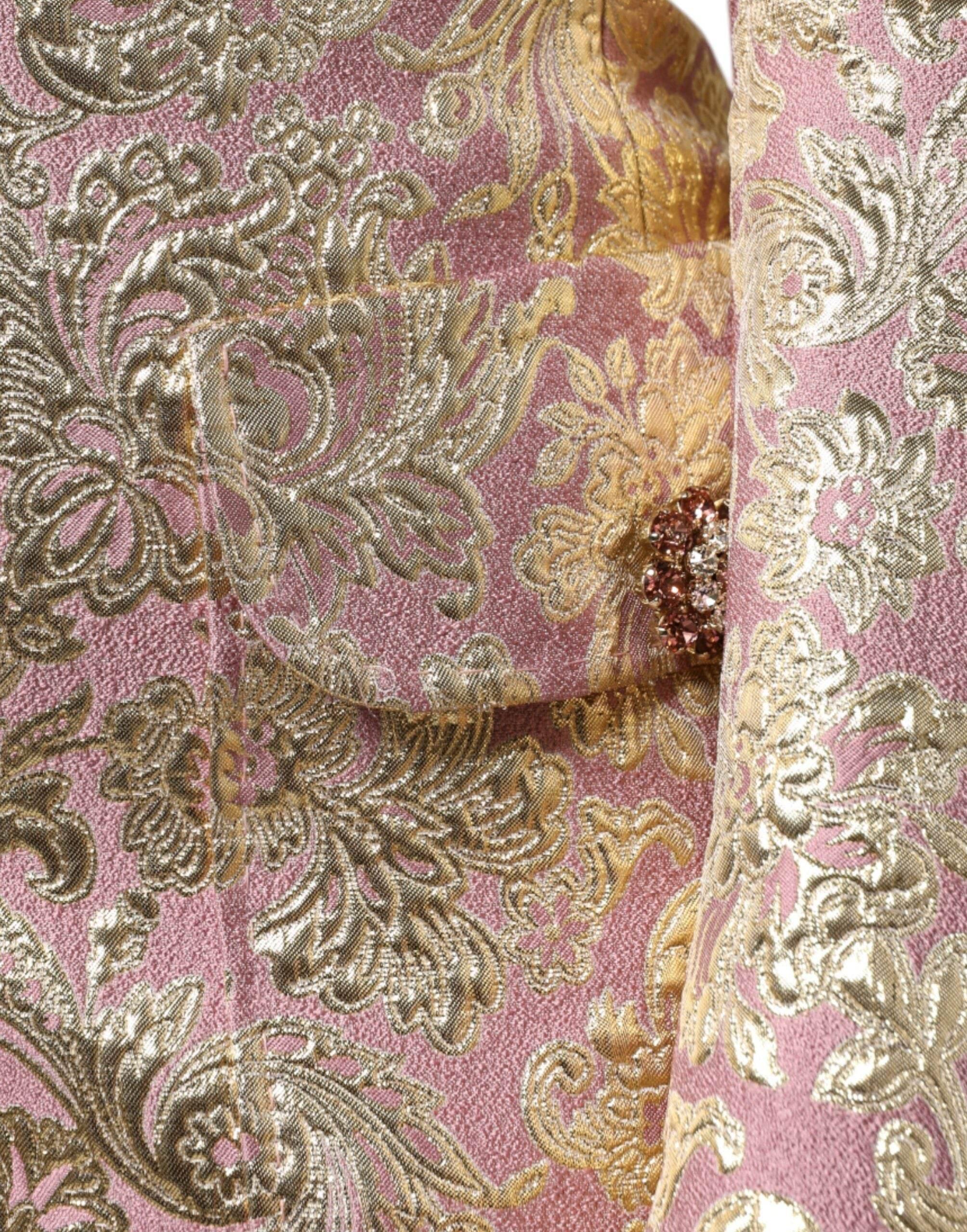 Dolce & Gabbana Metallic Pink Gold Jacquard Jewel Button Coat Jacket - Hilstor