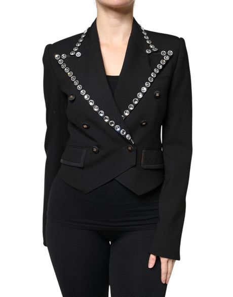 Dolce & Gabbana Black Crystal Double Breasted Blazer Jacket - Hilstor