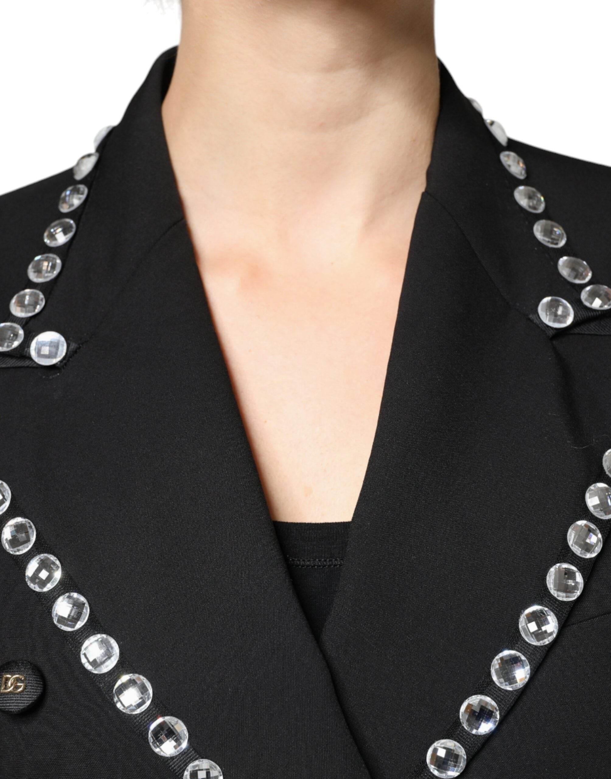 Dolce & Gabbana Black Crystal Double Breasted Blazer Jacket - Hilstor