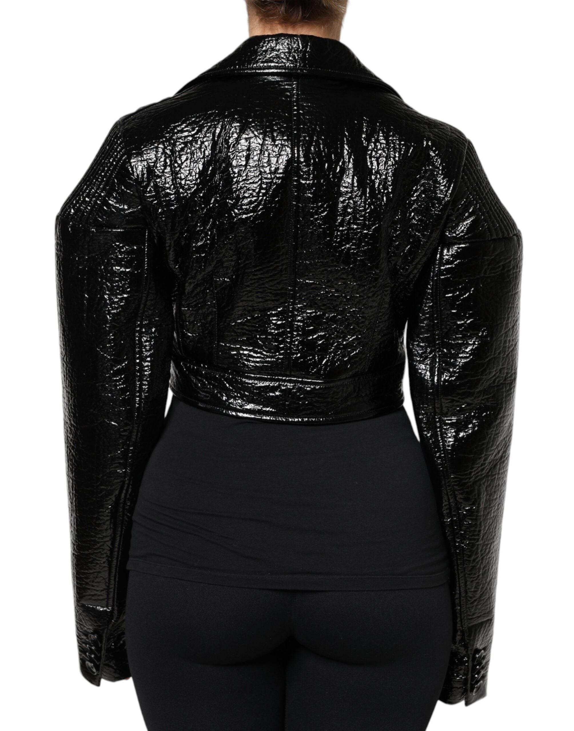 Dolce & Gabbana Black Leather Cropped Long Sleeve Coat Jacket - Hilstor