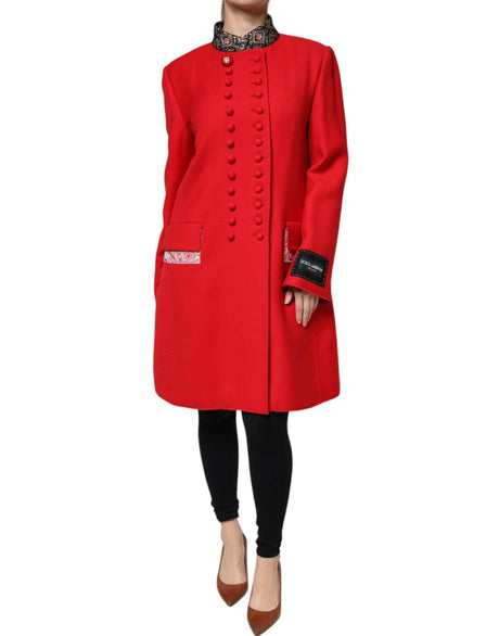 Dolce & Gabbana Red Jacquard Wool Women Trenchcoat Jacket - Hilstor