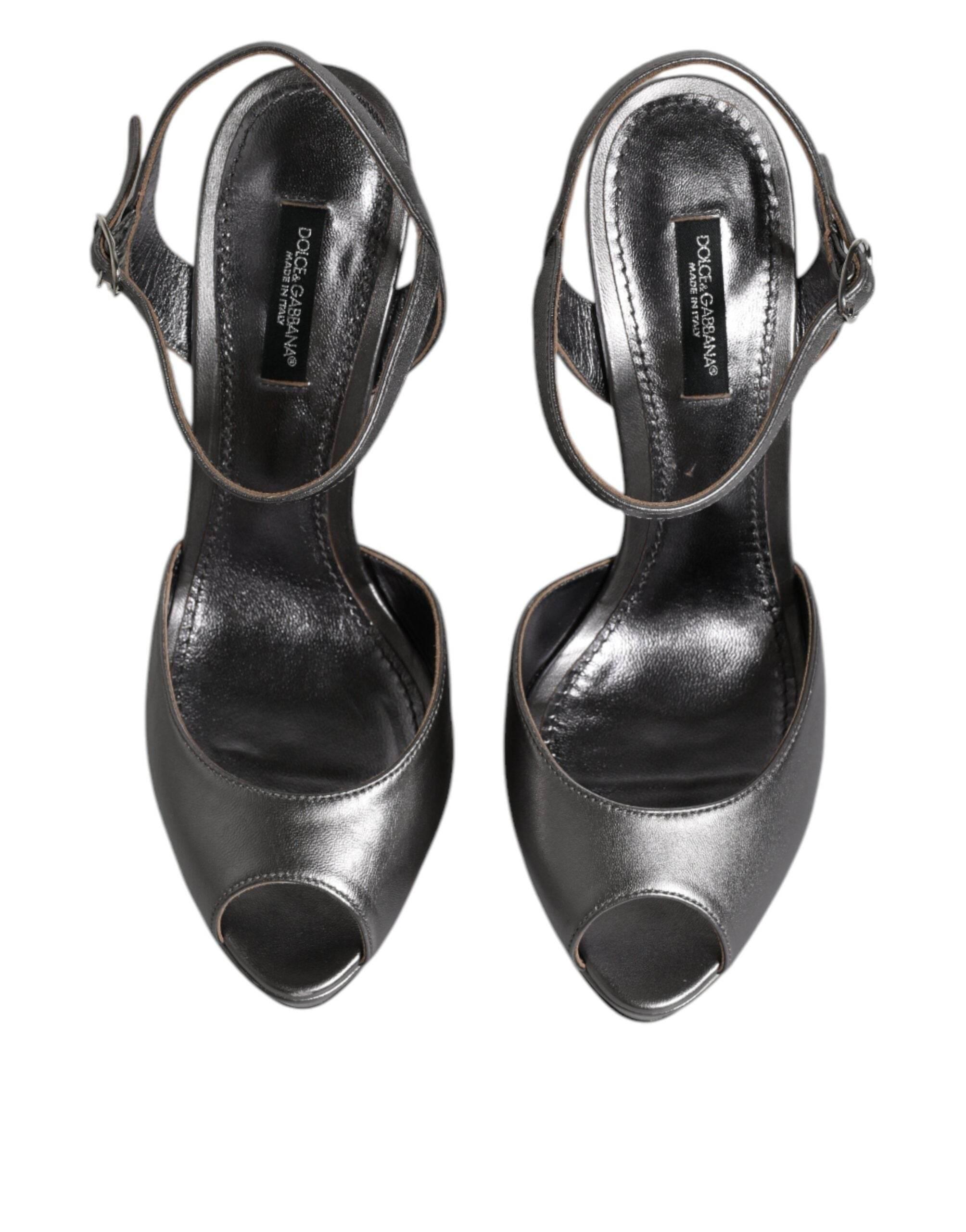 Dolce & Gabbana Silver Leather Platform Heels Sandals Shoes - Hilstor