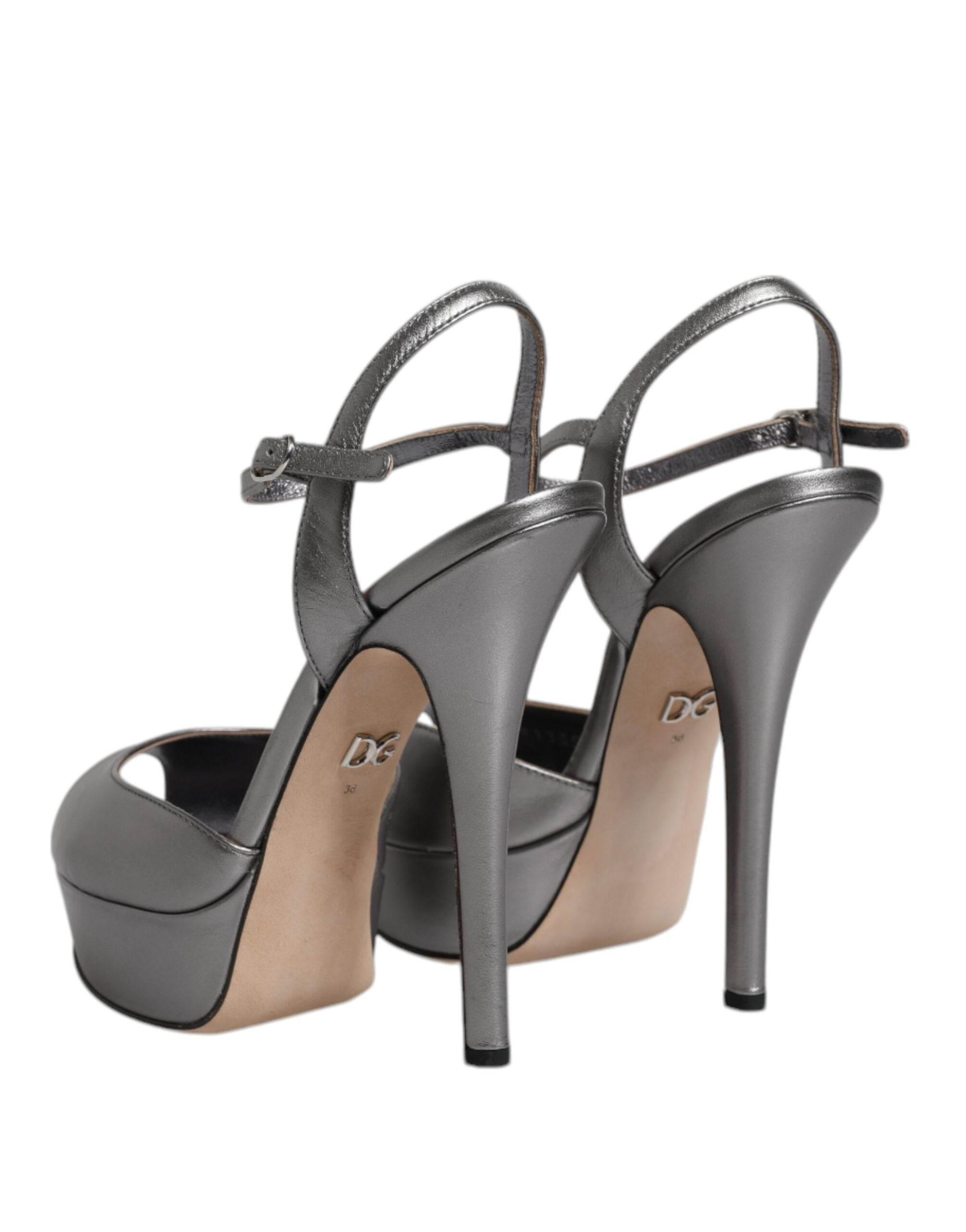 Dolce & Gabbana Silver Leather Platform Heels Sandals Shoes - Hilstor