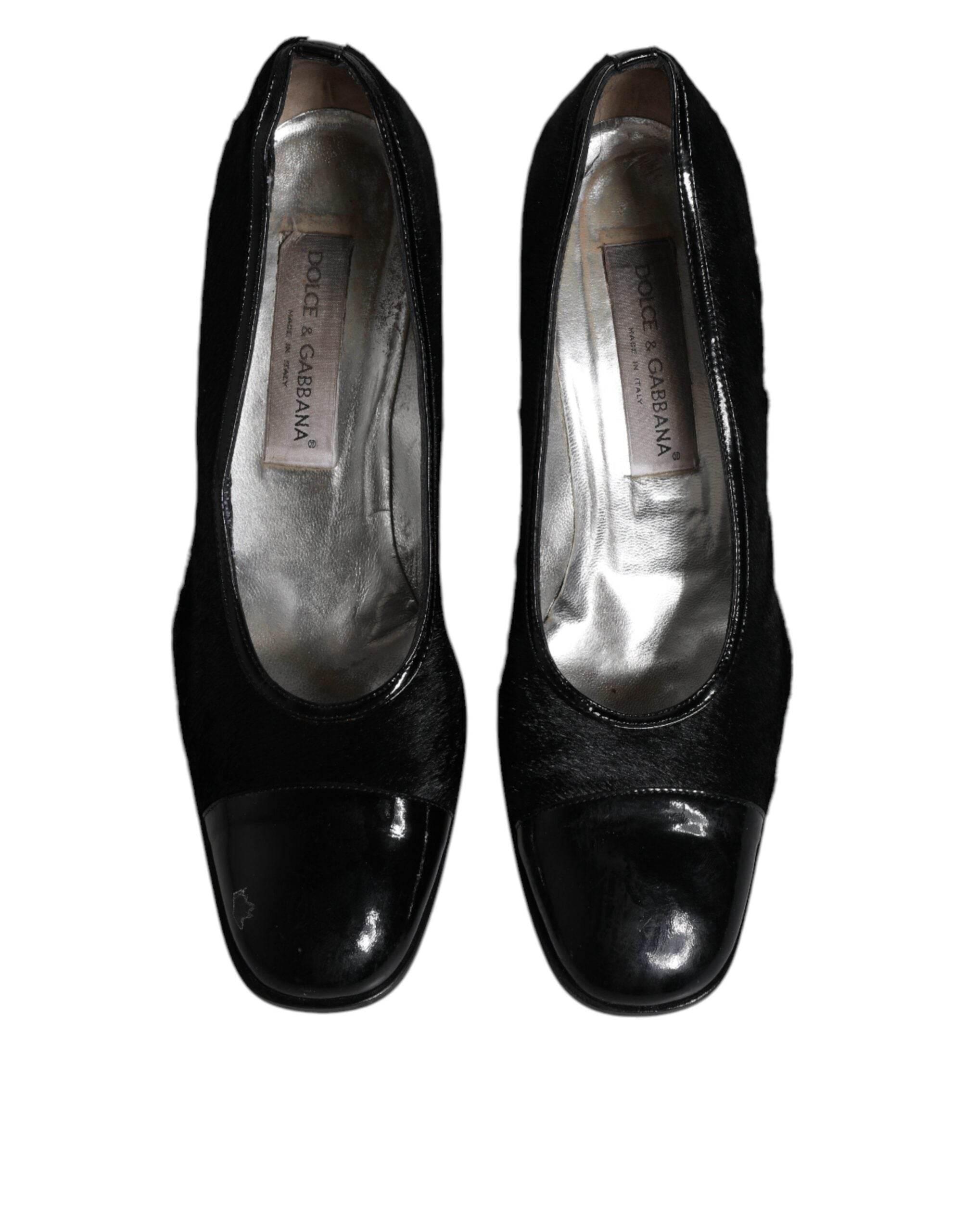 Dolce & Gabbana Black Leather Block Heels Pumps Shoes - Hilstor