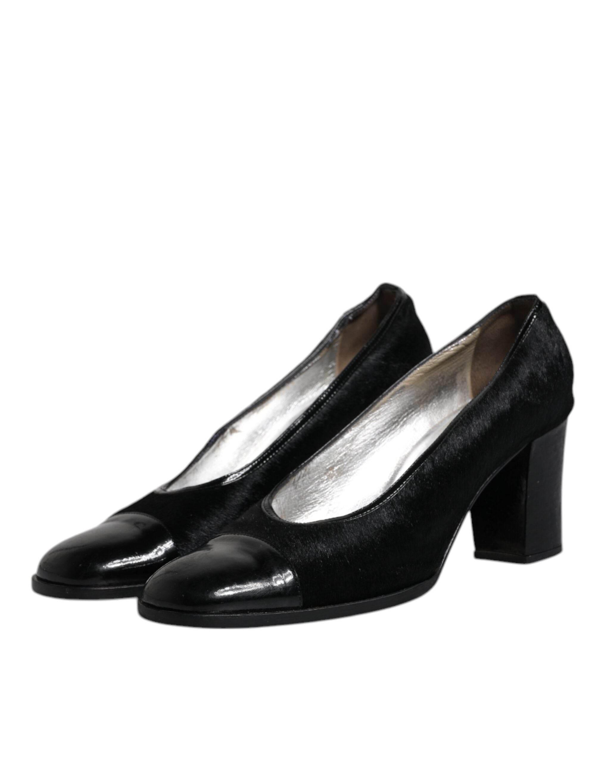 Dolce & Gabbana Black Leather Block Heels Pumps Shoes - Hilstor