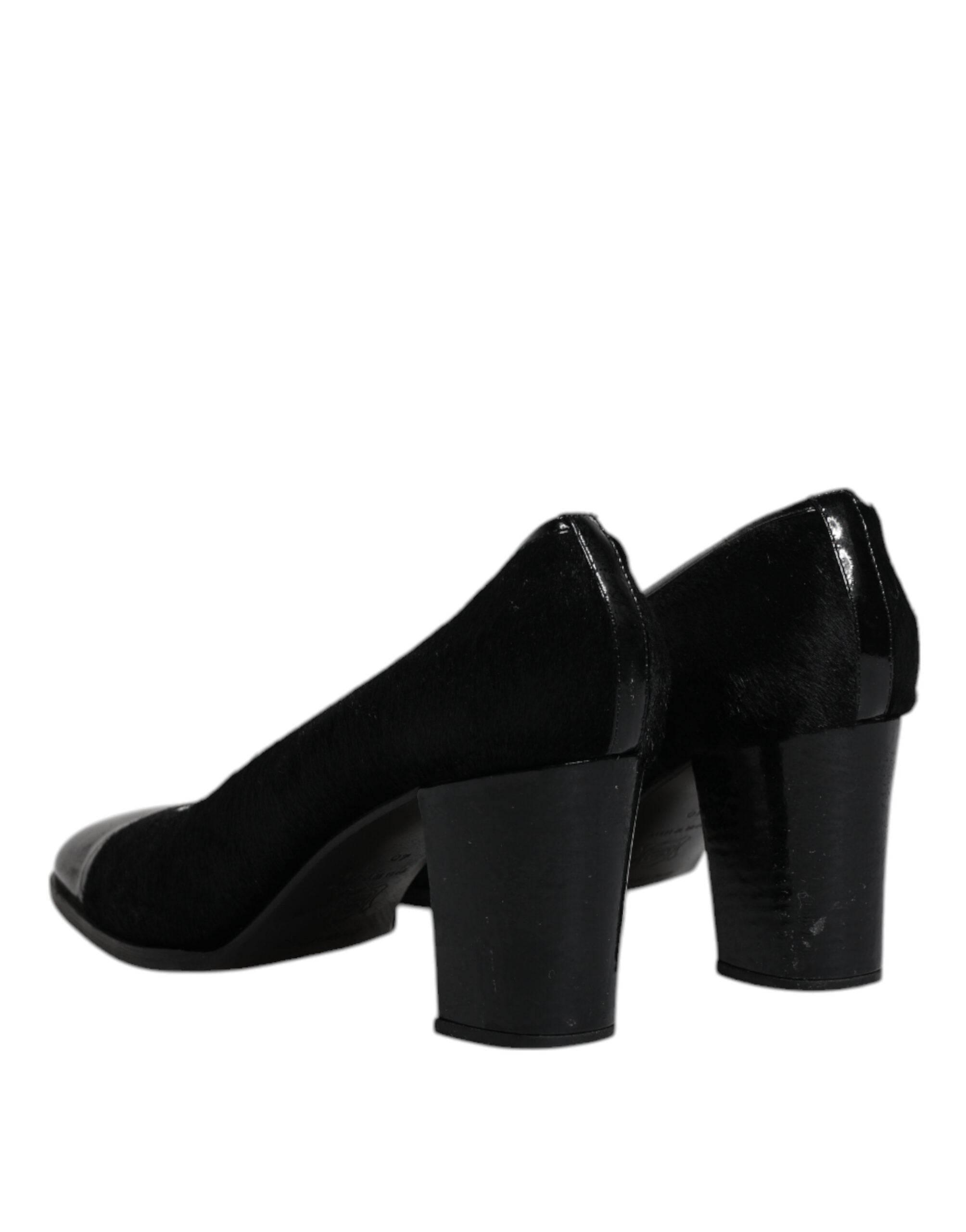 Dolce & Gabbana Black Leather Block Heels Pumps Shoes - Hilstor