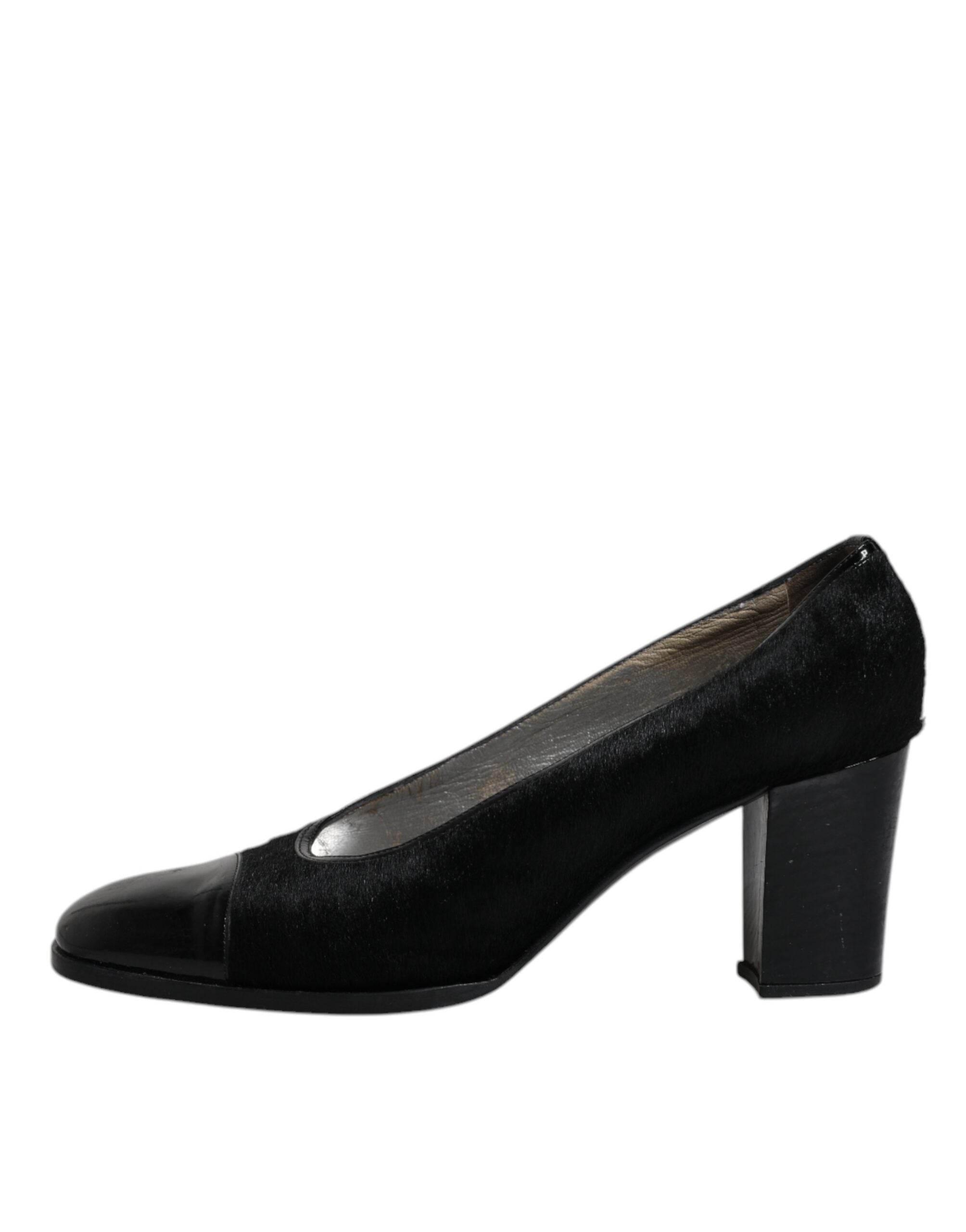 Dolce & Gabbana Black Leather Block Heels Pumps Shoes - Hilstor