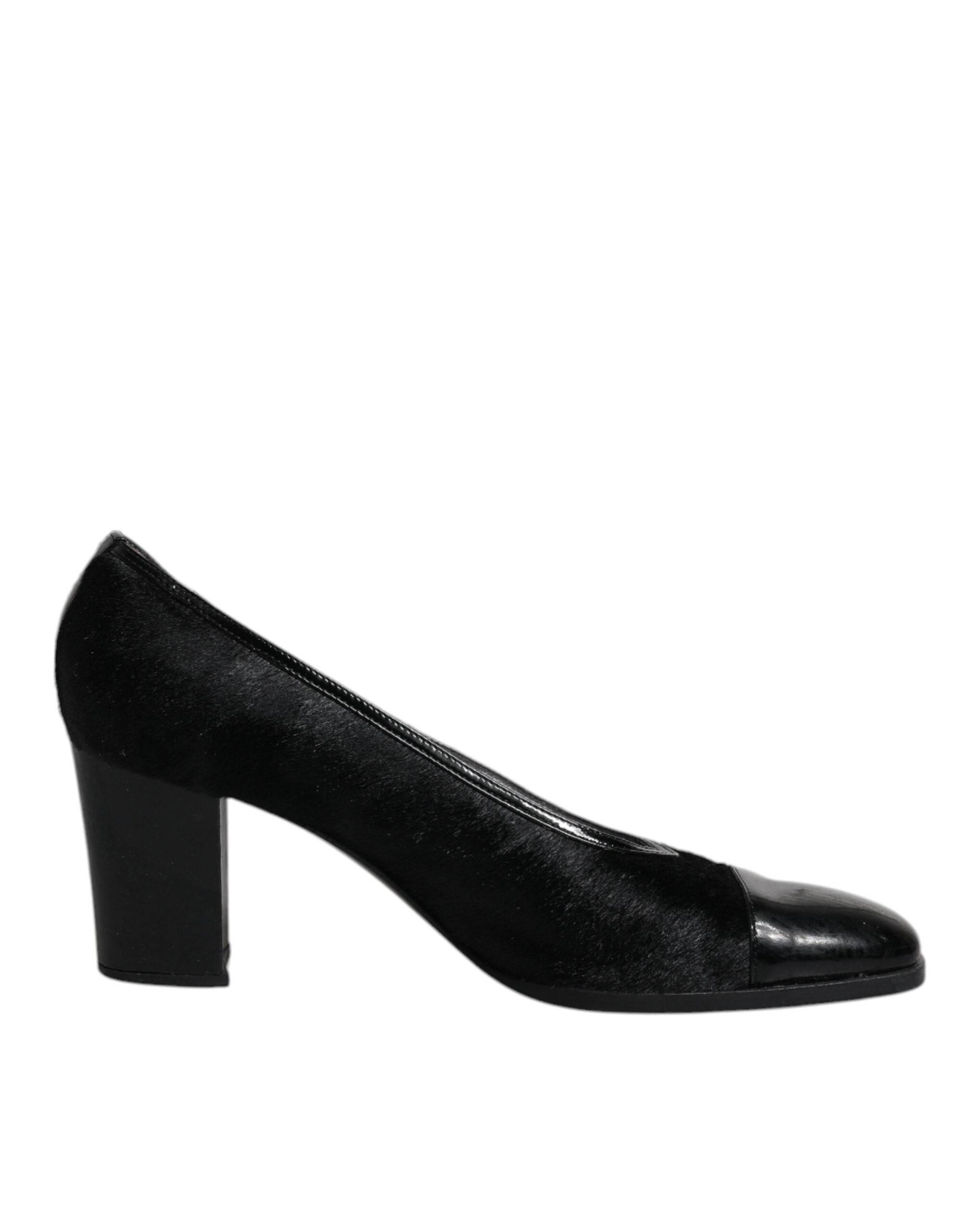 Dolce & Gabbana Black Leather Block Heels Pumps Shoes - Hilstor
