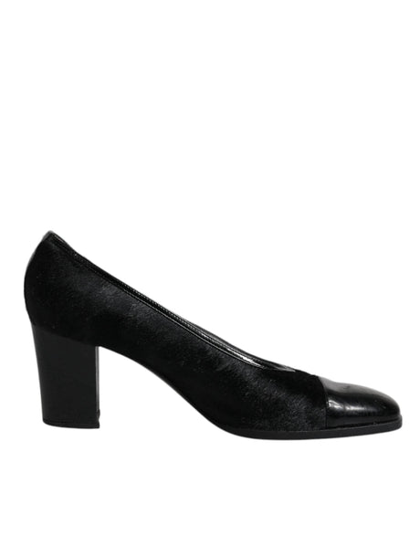 Dolce & Gabbana Black Leather Block Heels Pumps Shoes - Hilstor