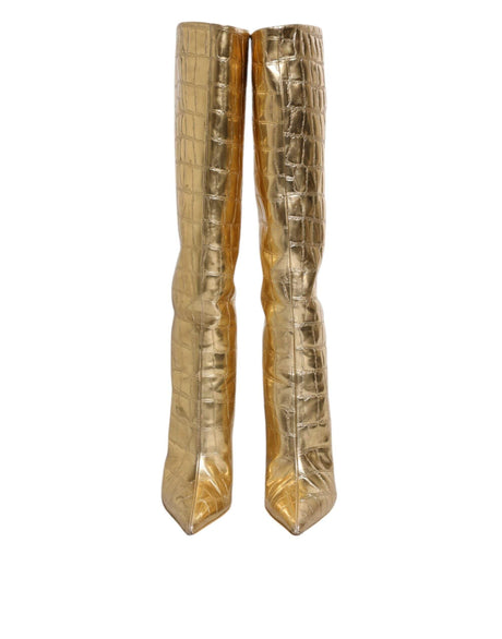Dolce & Gabbana Gold Leather Stiletto Heels High Boots Shoes - Hilstor