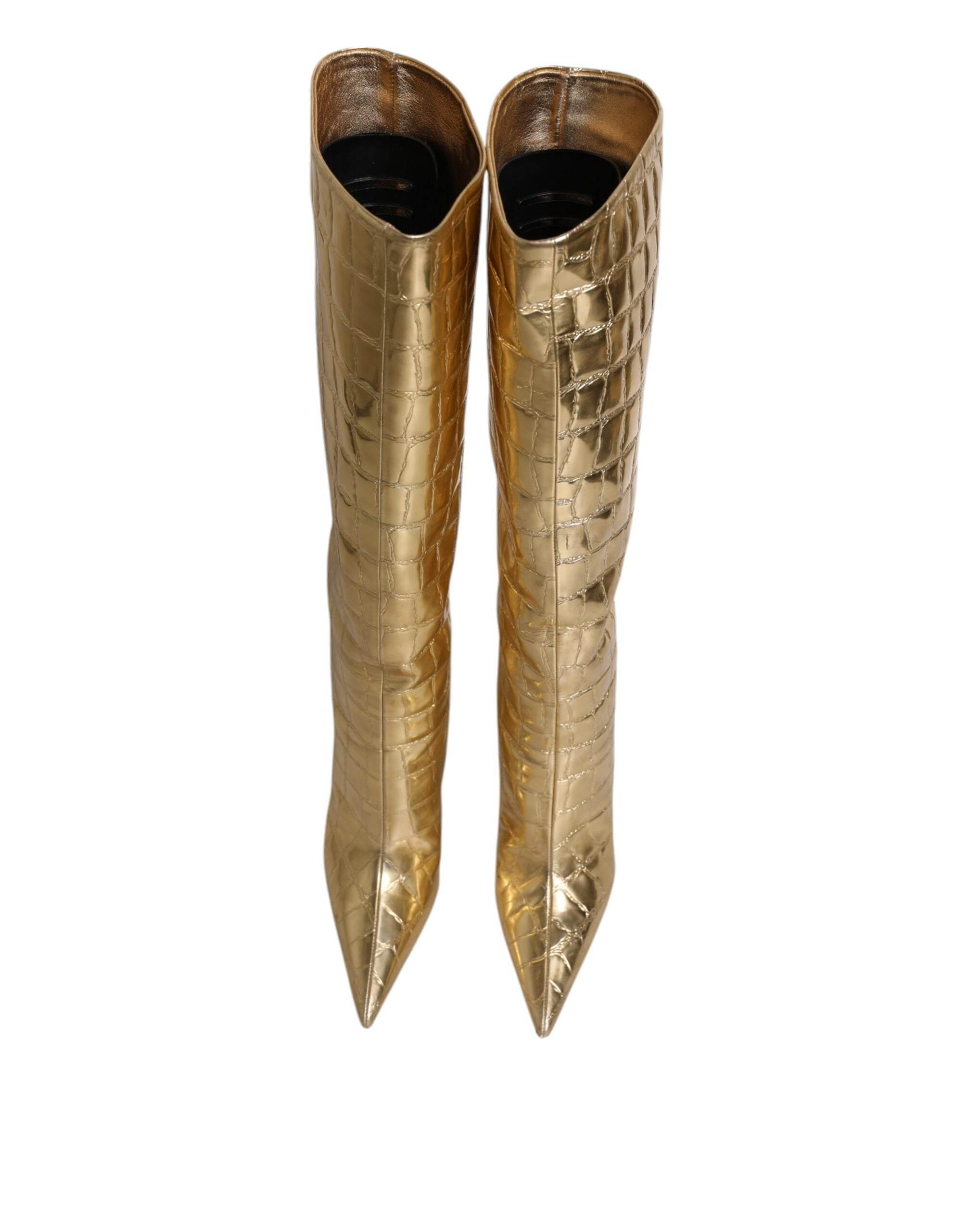 Dolce & Gabbana Gold Leather Stiletto Heels High Boots Shoes - Hilstor