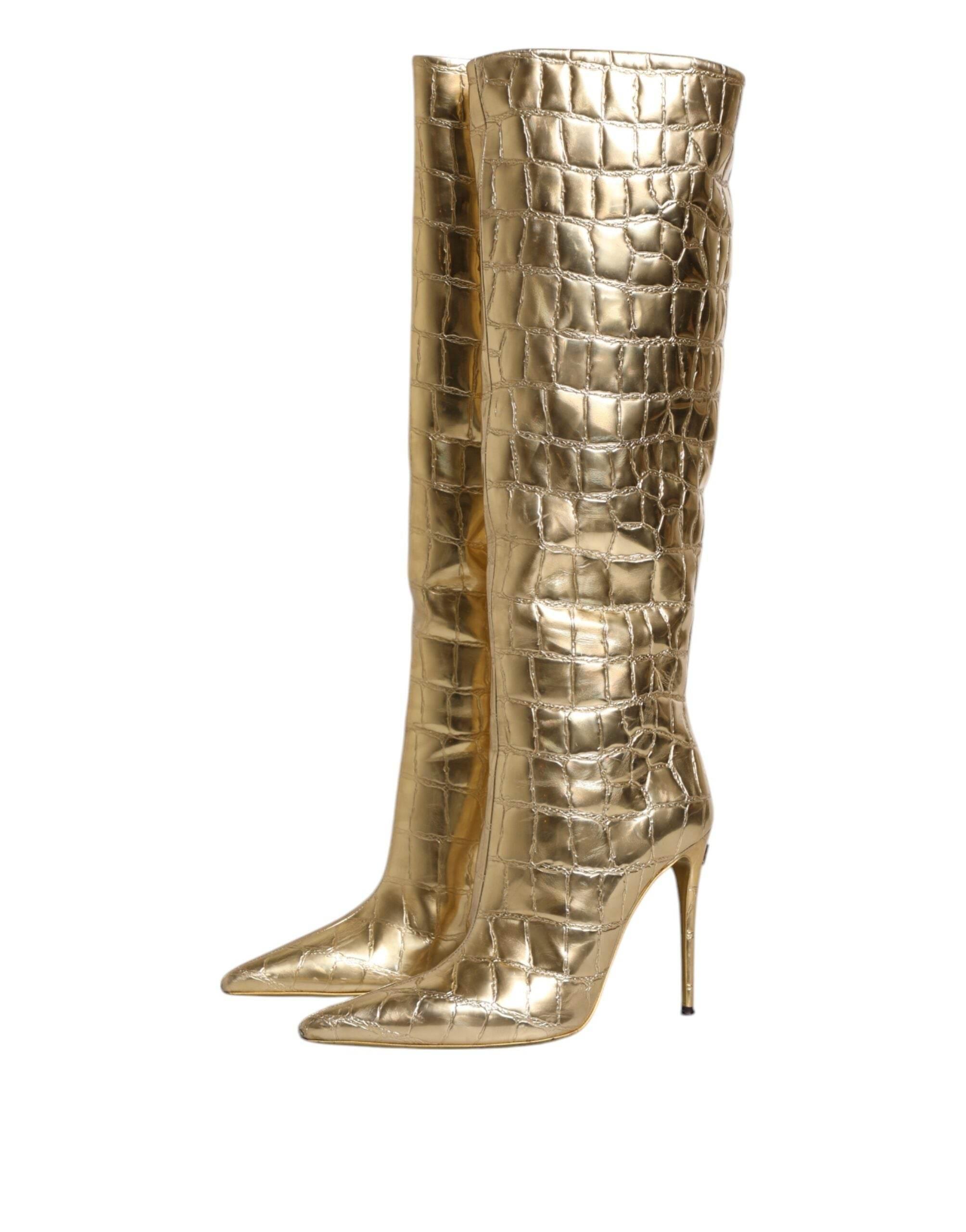 Dolce & Gabbana Gold Leather Stiletto Heels High Boots Shoes - Hilstor