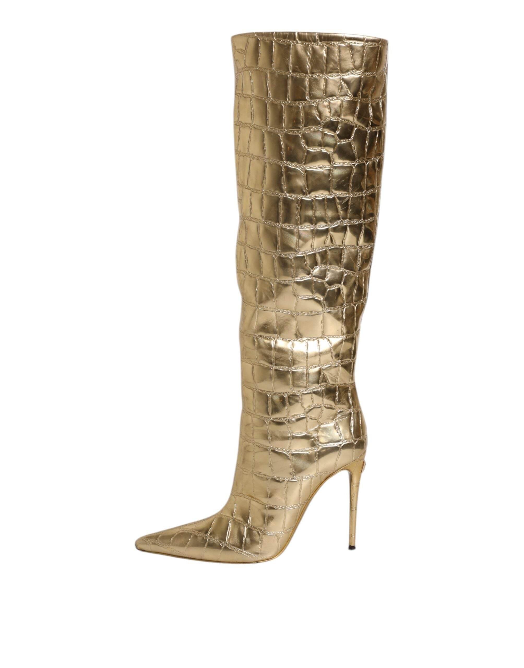 Dolce & Gabbana Gold Leather Stiletto Heels High Boots Shoes - Hilstor