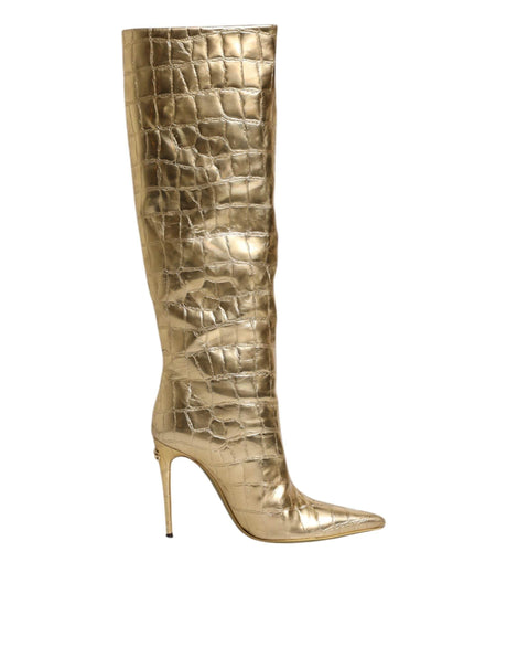 Dolce & Gabbana Gold Leather Stiletto Heels High Boots Shoes - Hilstor