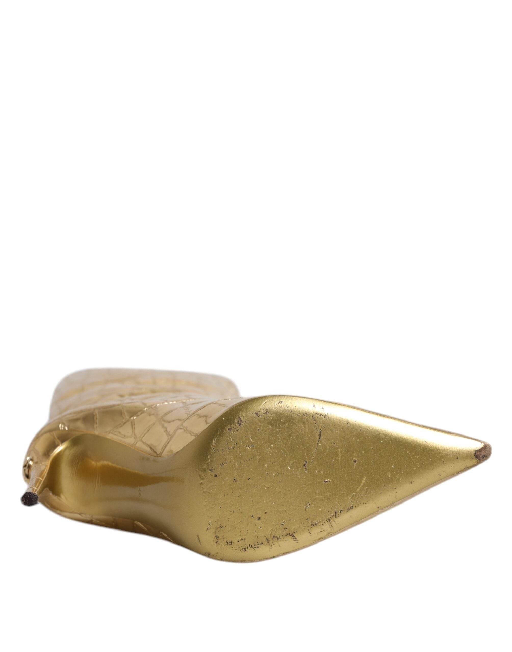 Dolce & Gabbana Gold Leather Stiletto Heels High Boots Shoes - Hilstor