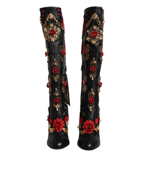 Dolce & Gabbana Black Roses Embellished Leather Heel Boots Shoes - Hilstor