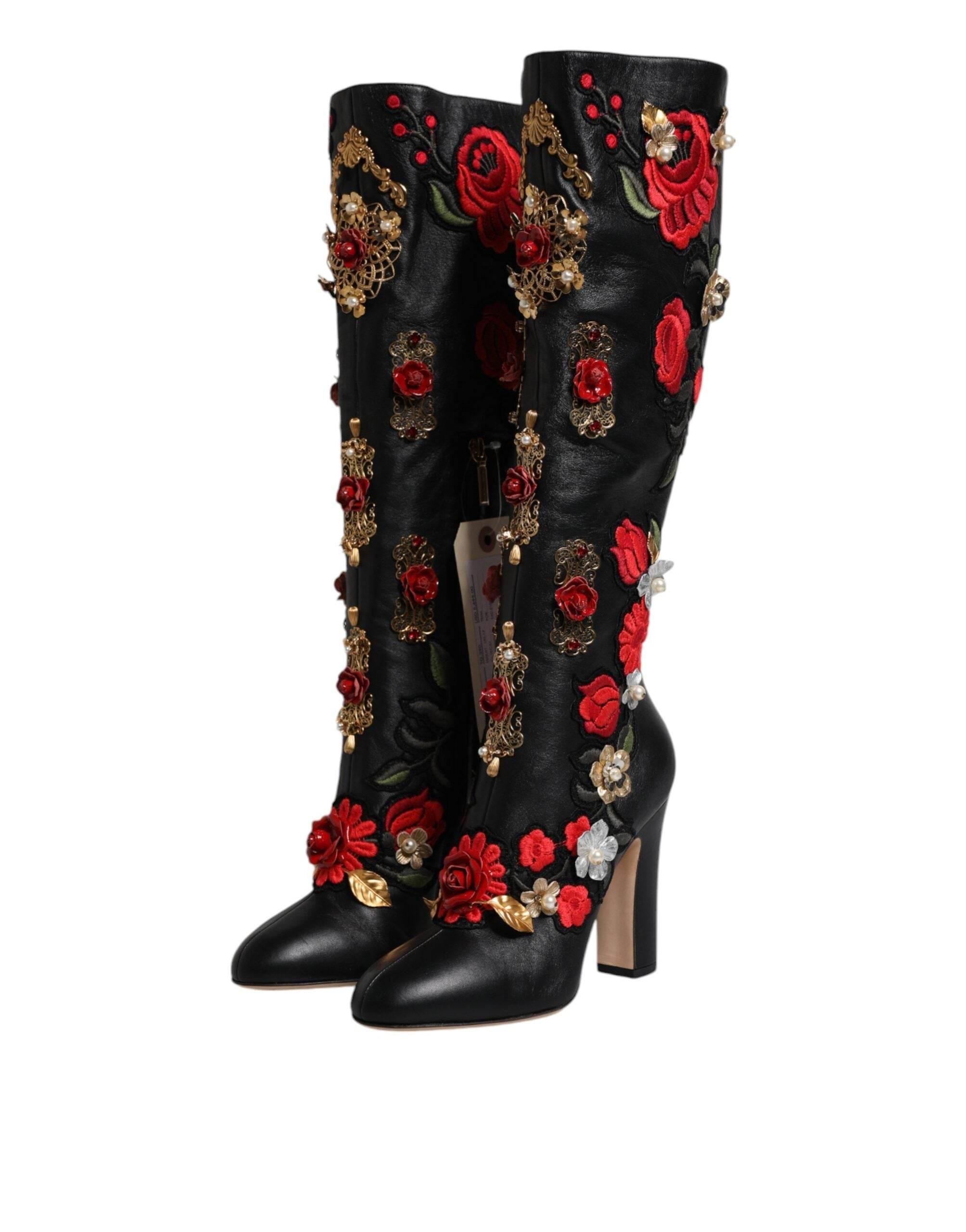 Dolce & Gabbana Black Roses Embellished Leather Heel Boots Shoes - Hilstor