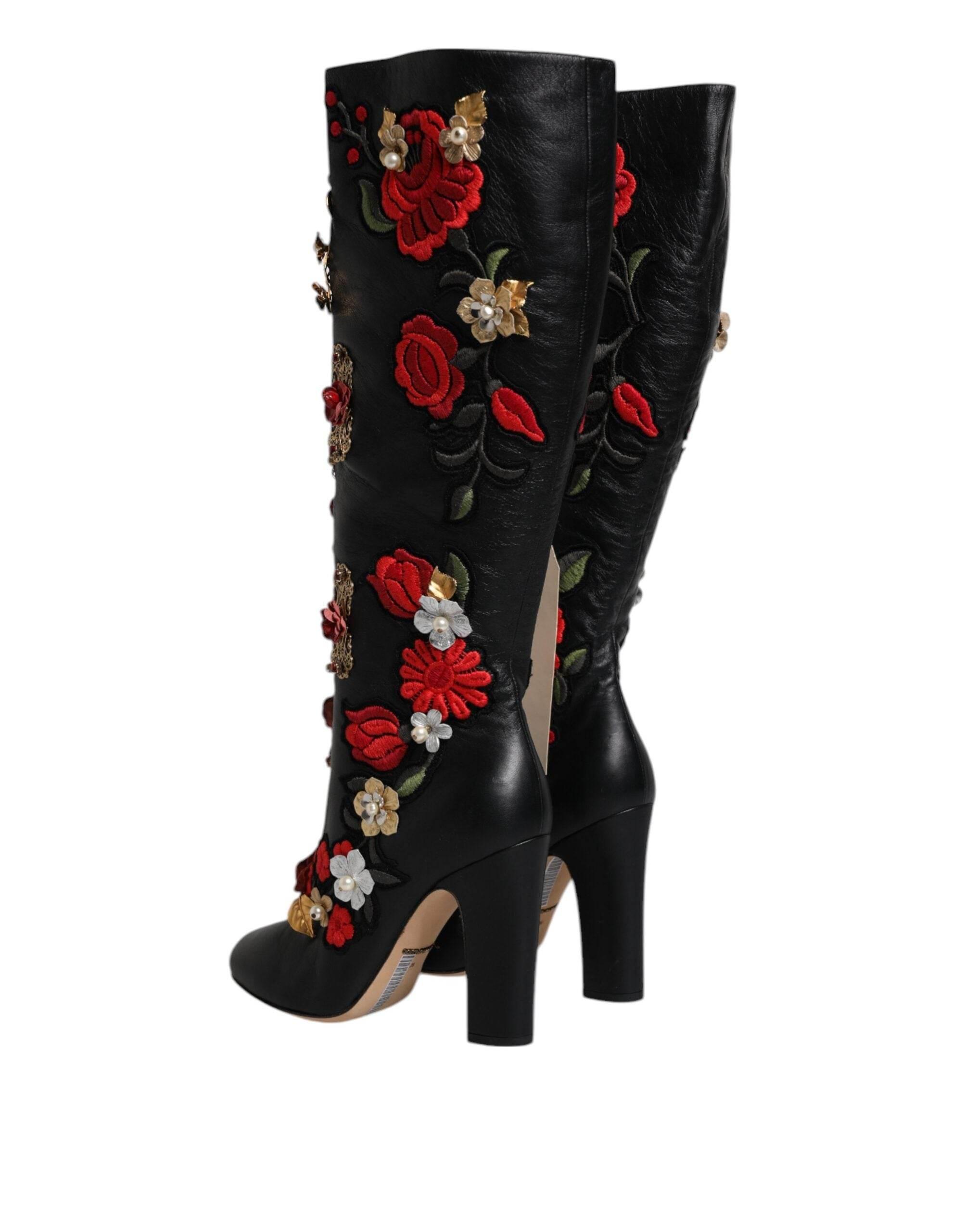 Dolce & Gabbana Black Roses Embellished Leather Heel Boots Shoes - Hilstor
