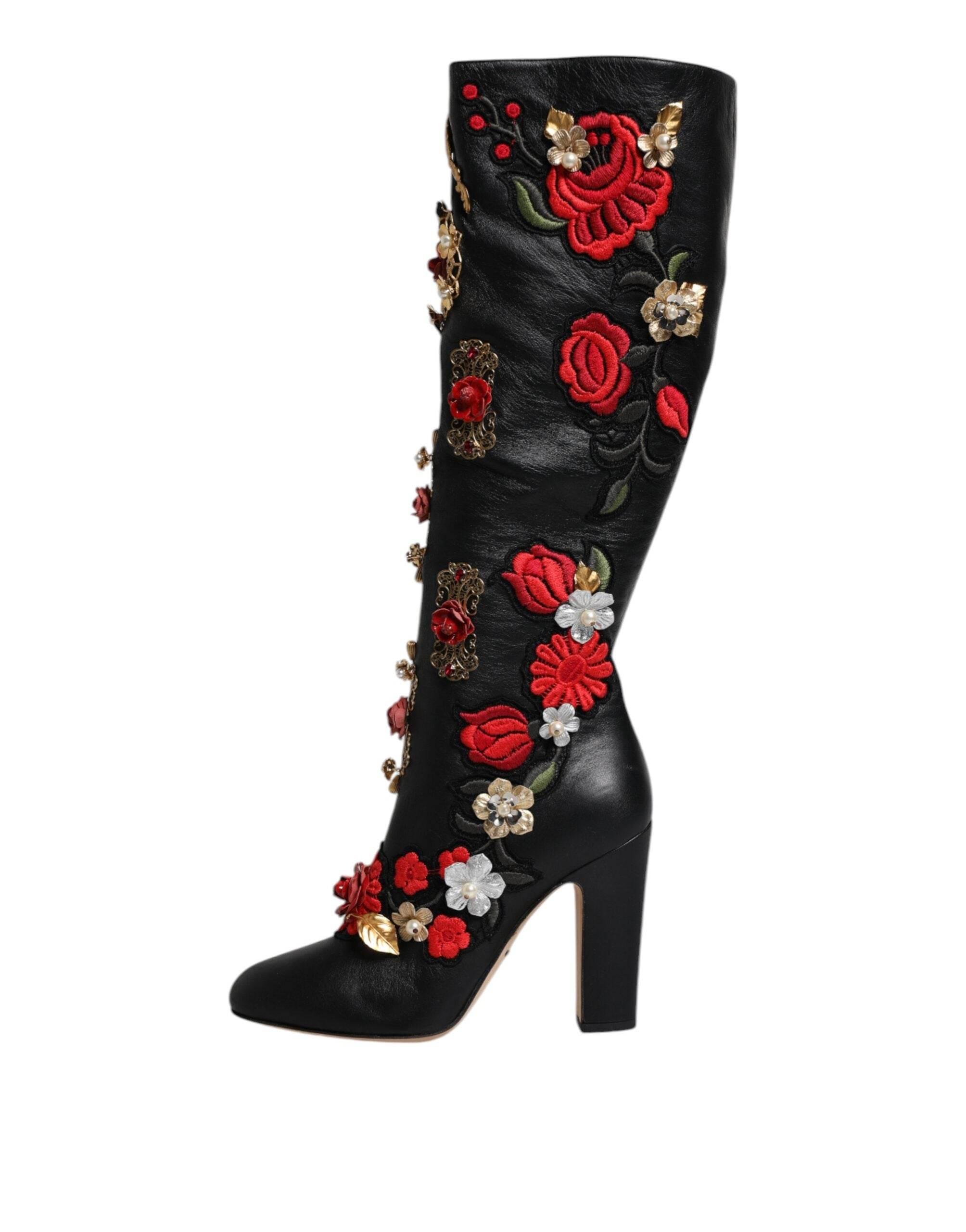 Dolce & Gabbana Black Roses Embellished Leather Heel Boots Shoes - Hilstor