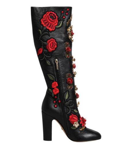 Dolce & Gabbana Black Roses Embellished Leather Heel Boots Shoes - Hilstor