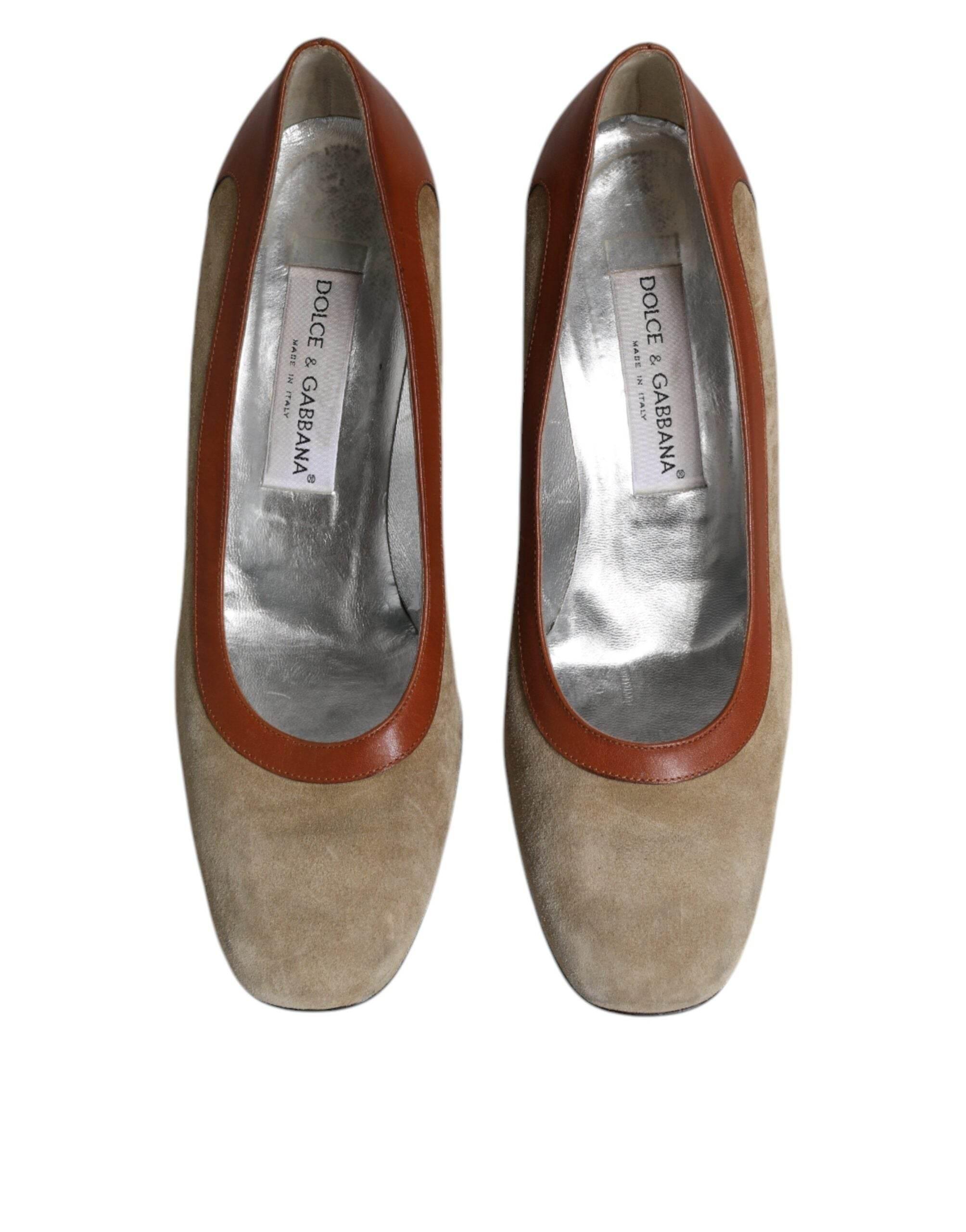 Dolce & Gabbana Beige Brown Leather Block Heels Pumps Shoes - Hilstor