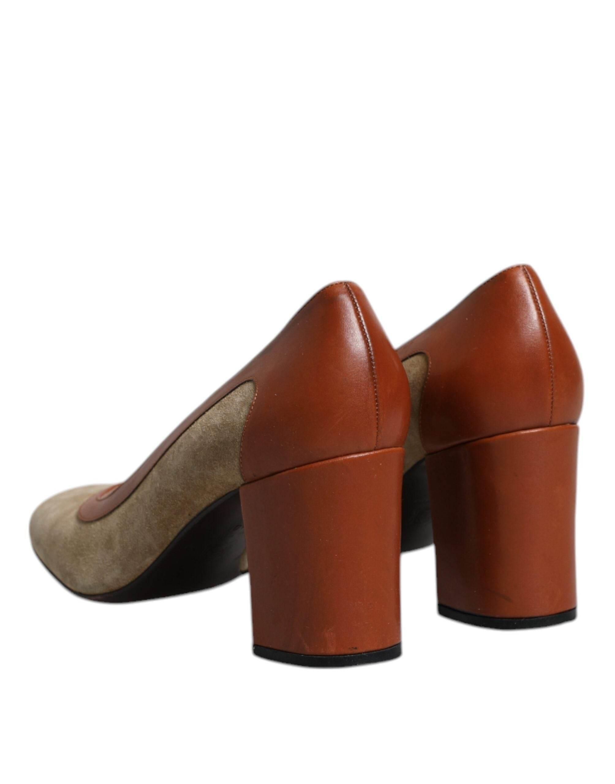 Dolce & Gabbana Beige Brown Leather Block Heels Pumps Shoes - Hilstor