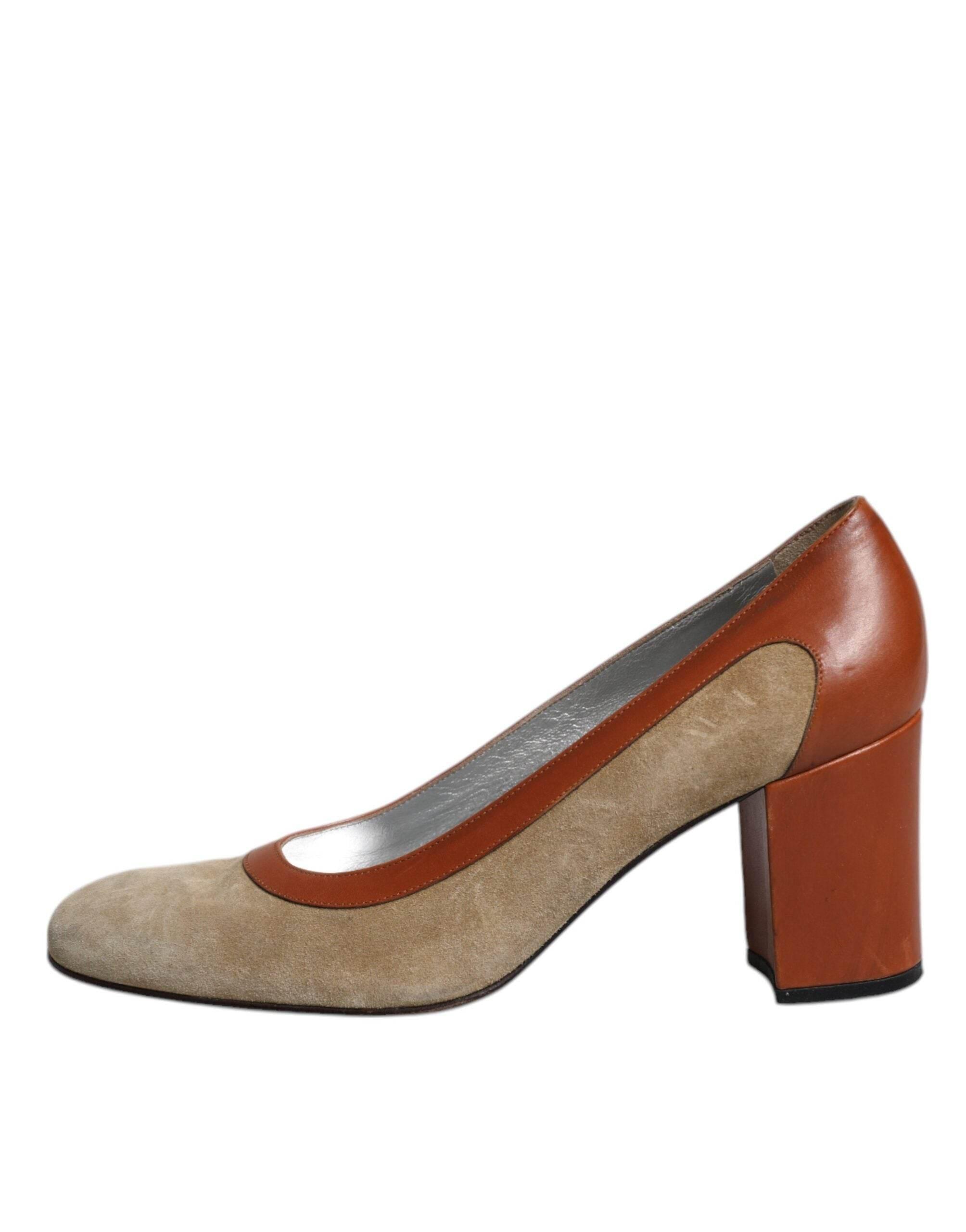 Dolce & Gabbana Beige Brown Leather Block Heels Pumps Shoes - Hilstor