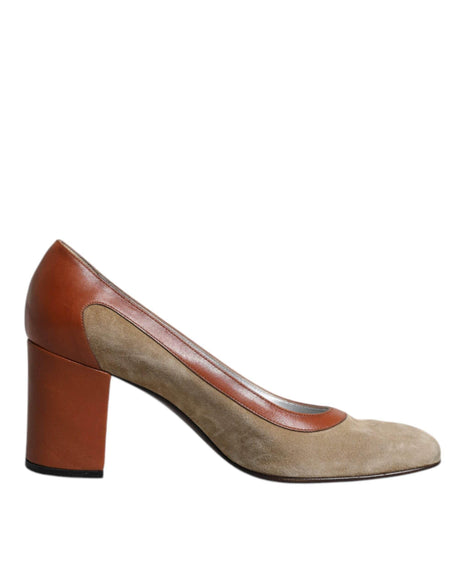 Dolce & Gabbana Beige Brown Leather Block Heels Pumps Shoes - Hilstor