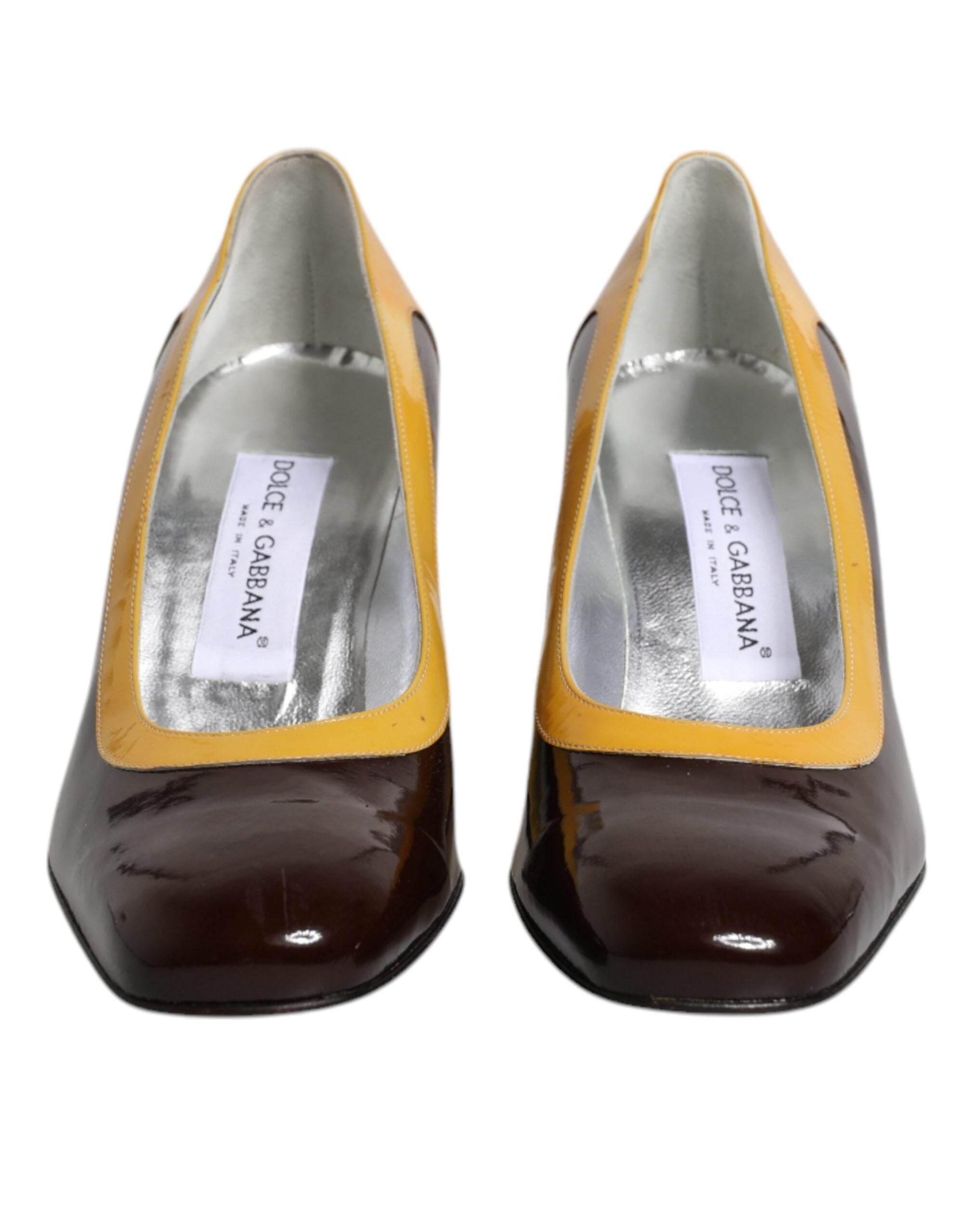 Dolce & Gabbana Yellow Brown Leather Block Heel Pumps Shoes - Hilstor