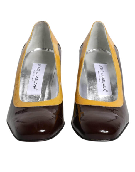 Dolce & Gabbana Yellow Brown Leather Block Heel Pumps Shoes - Hilstor