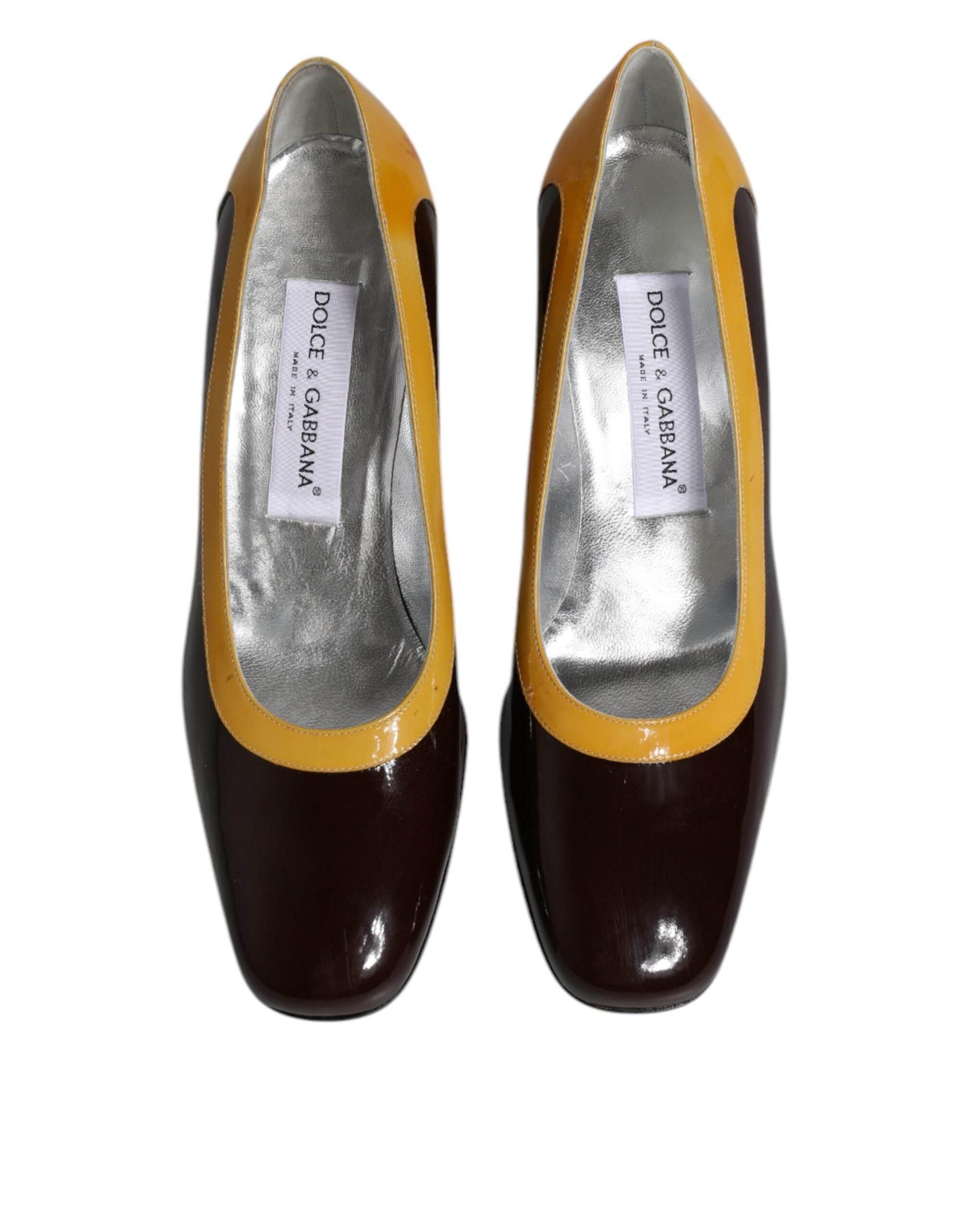 Dolce & Gabbana Yellow Brown Leather Block Heel Pumps Shoes - Hilstor