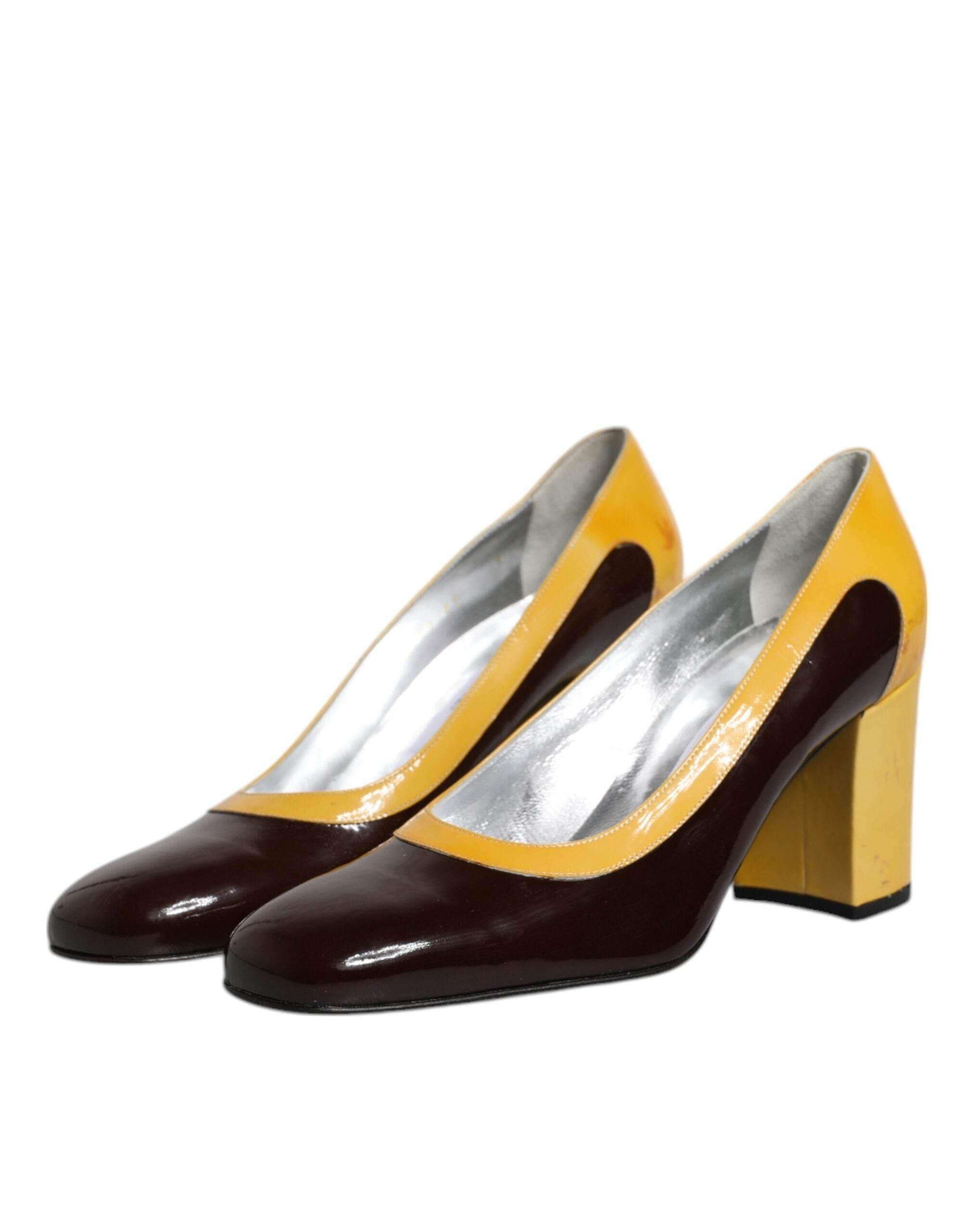 Dolce & Gabbana Yellow Brown Leather Block Heel Pumps Shoes - Hilstor