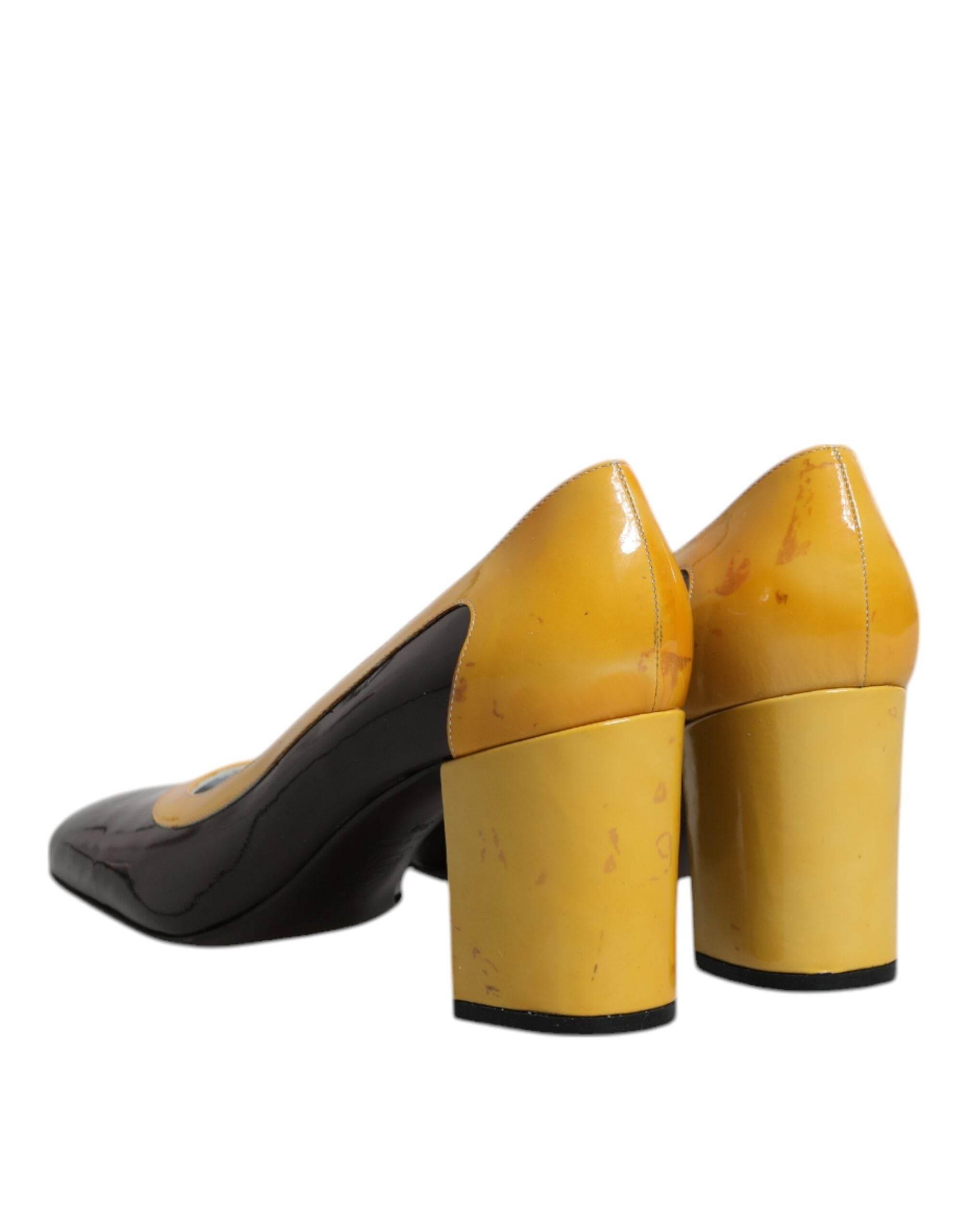 Dolce & Gabbana Yellow Brown Leather Block Heel Pumps Shoes - Hilstor