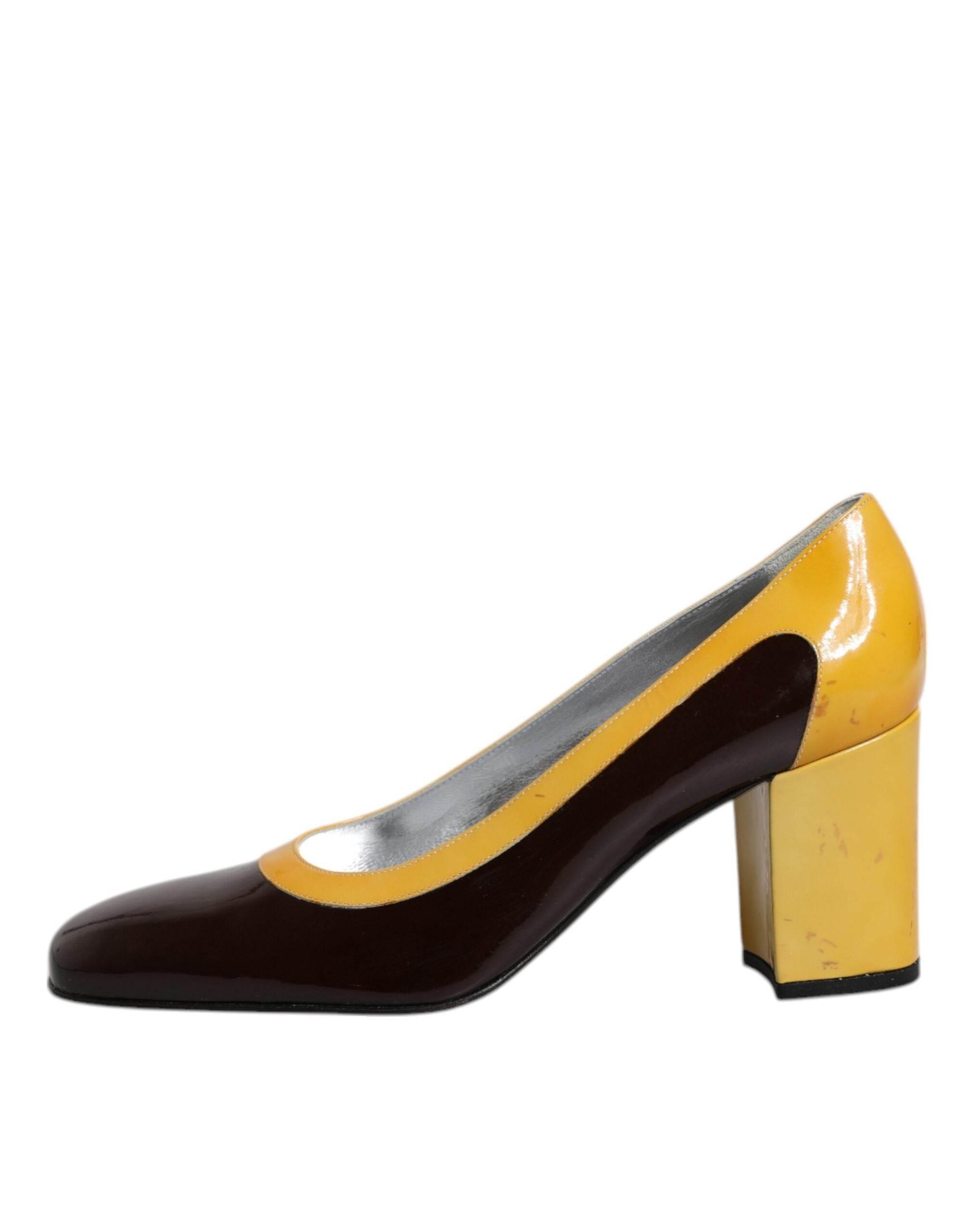 Dolce & Gabbana Yellow Brown Leather Block Heel Pumps Shoes - Hilstor