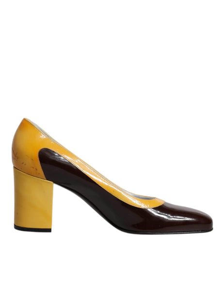 Dolce & Gabbana Yellow Brown Leather Block Heel Pumps Shoes - Hilstor