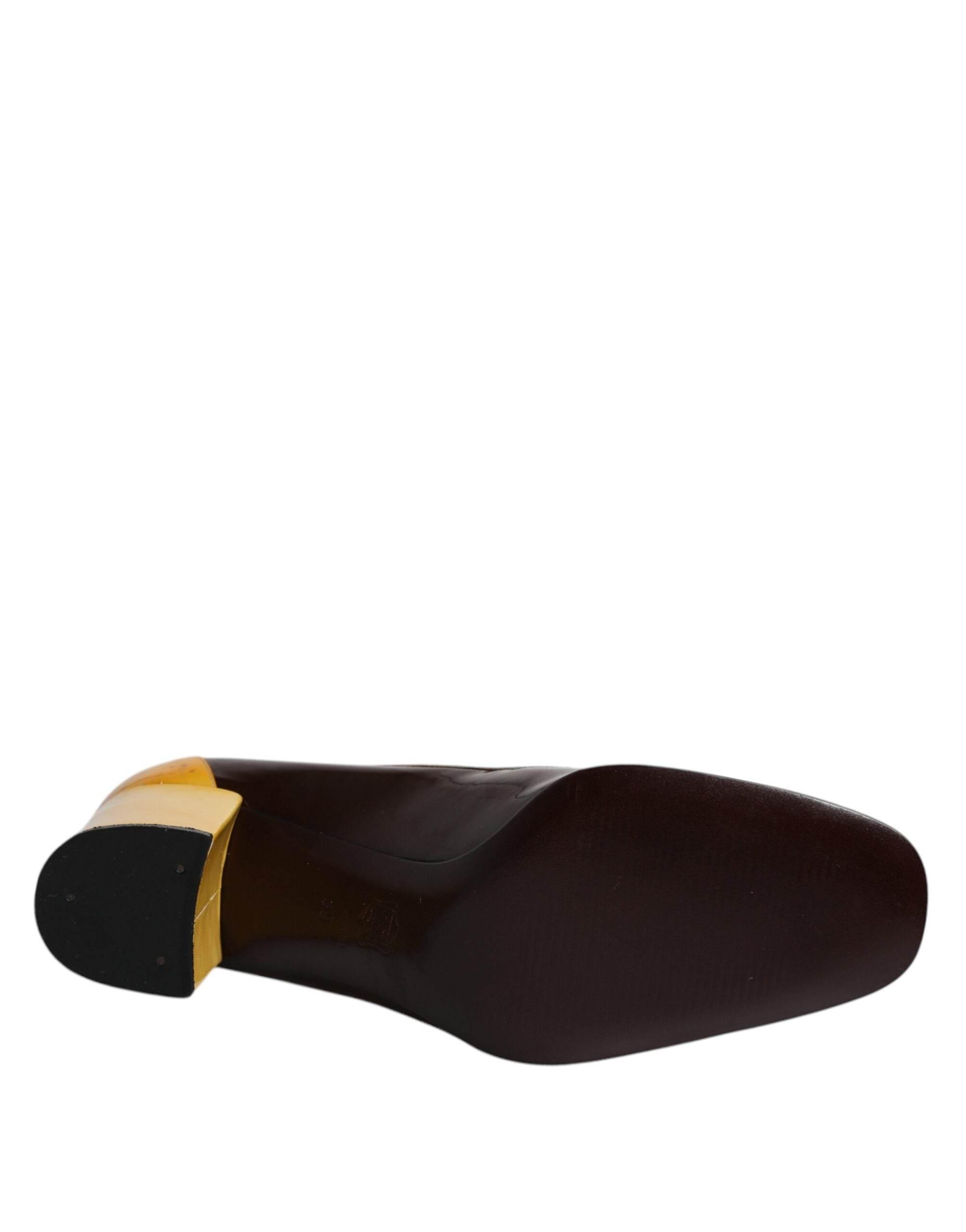 Dolce & Gabbana Yellow Brown Leather Block Heel Pumps Shoes - Hilstor