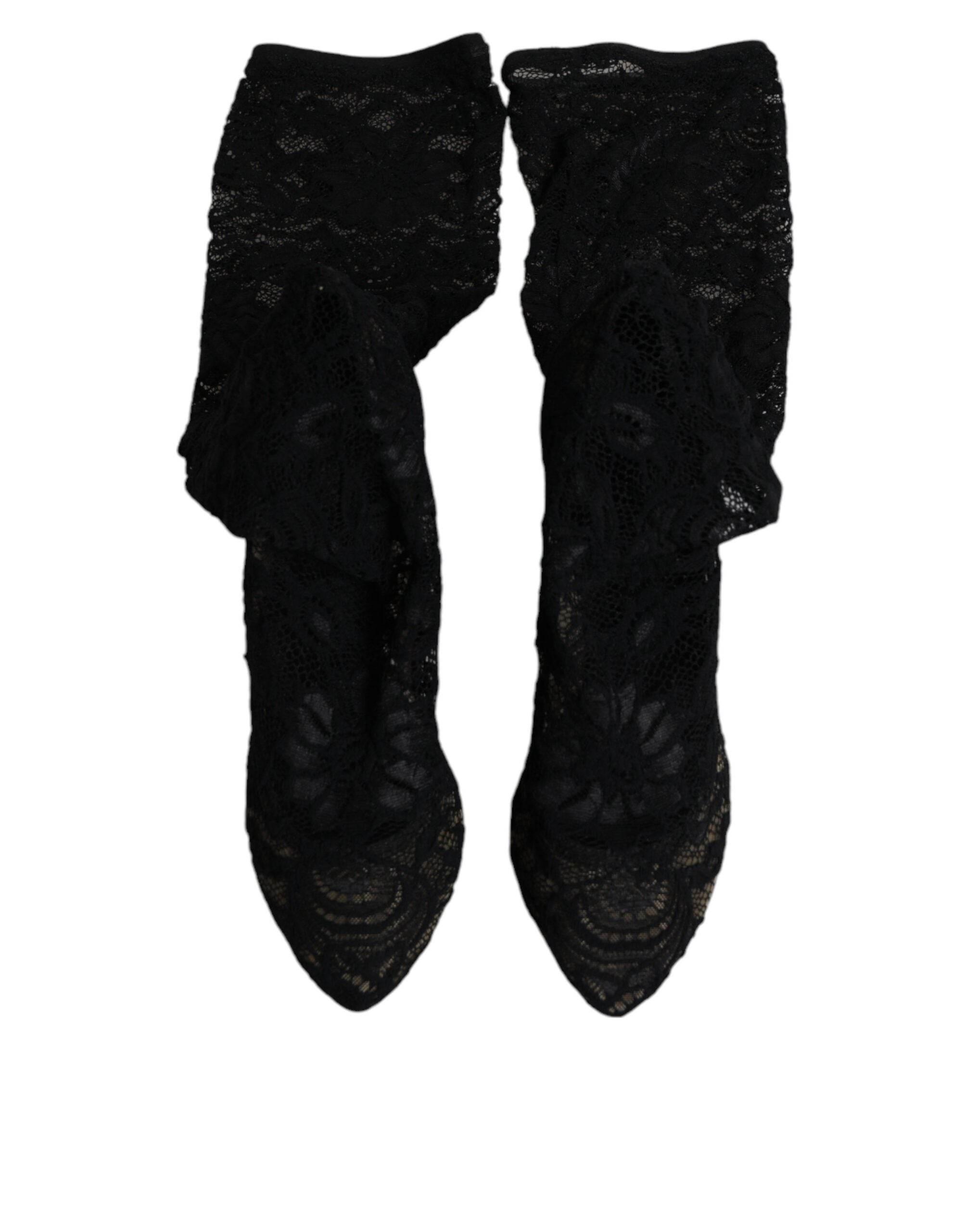 Dolce & Gabbana Black Stretch Socks Taormina Lace Boots Shoes - Hilstor