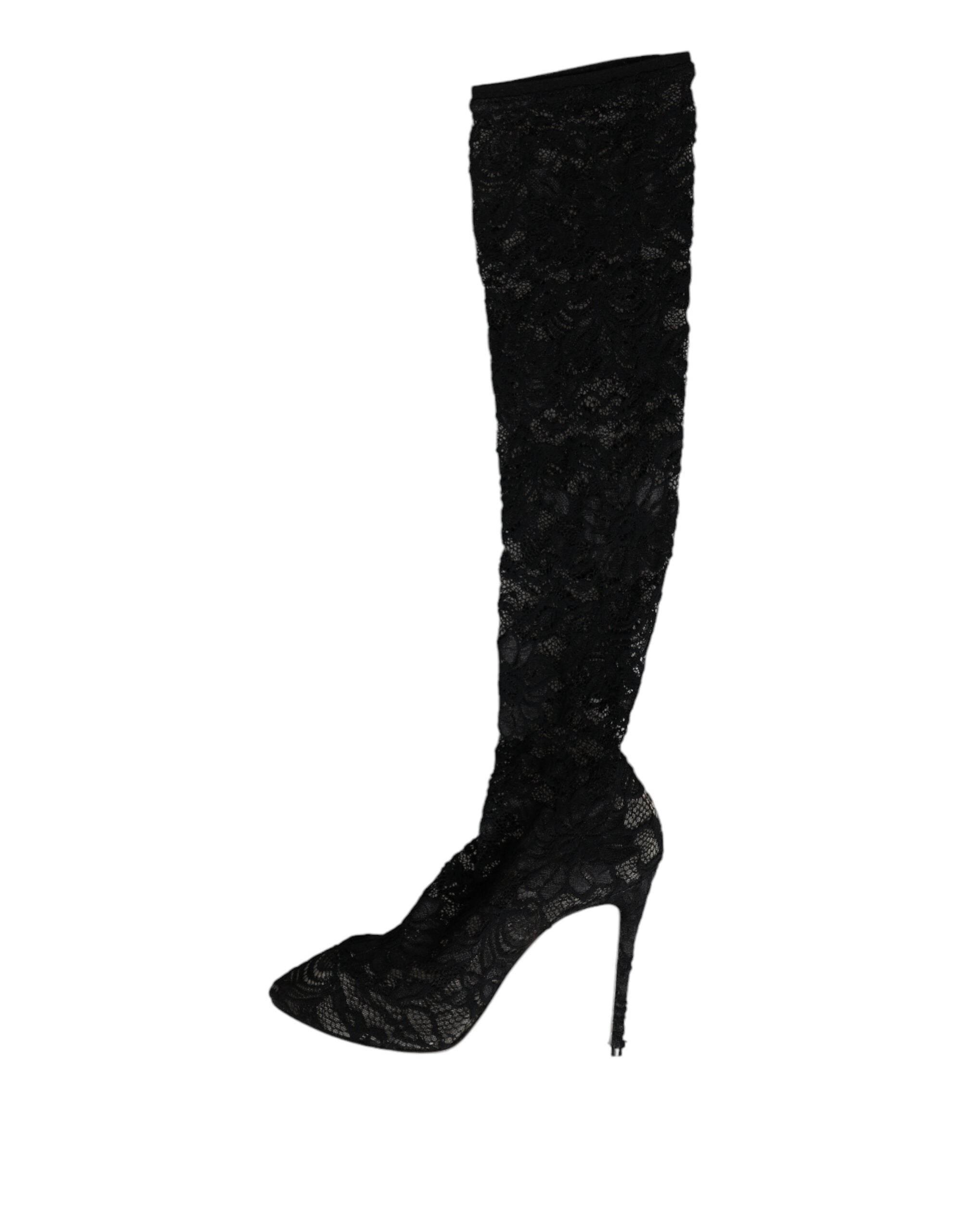 Dolce & Gabbana Black Stretch Socks Taormina Lace Boots Shoes - Hilstor