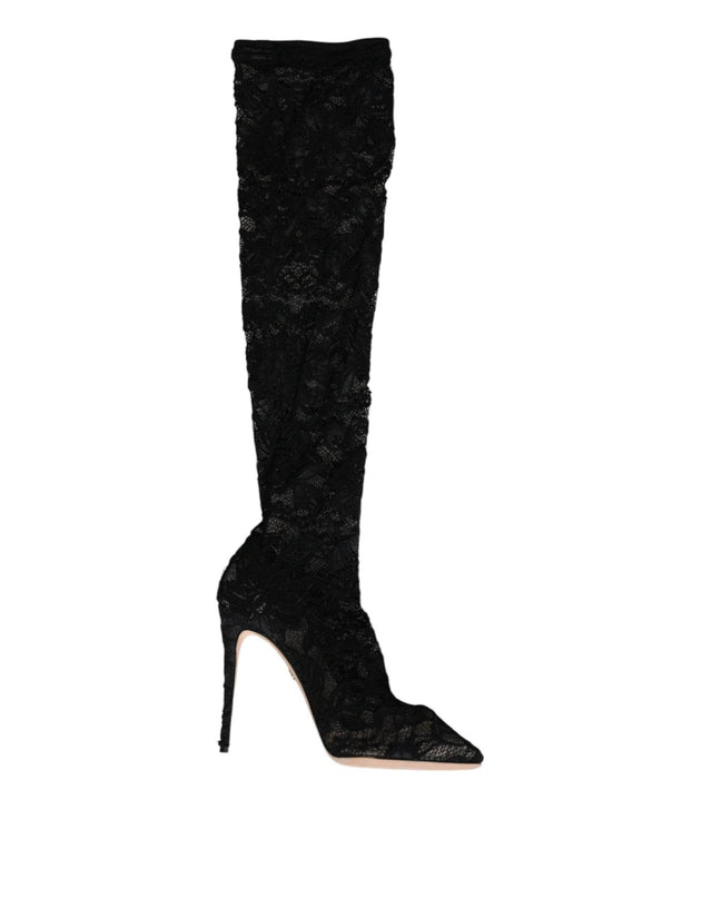 Dolce & Gabbana Black Stretch Socks Taormina Lace Boots Shoes - Hilstor