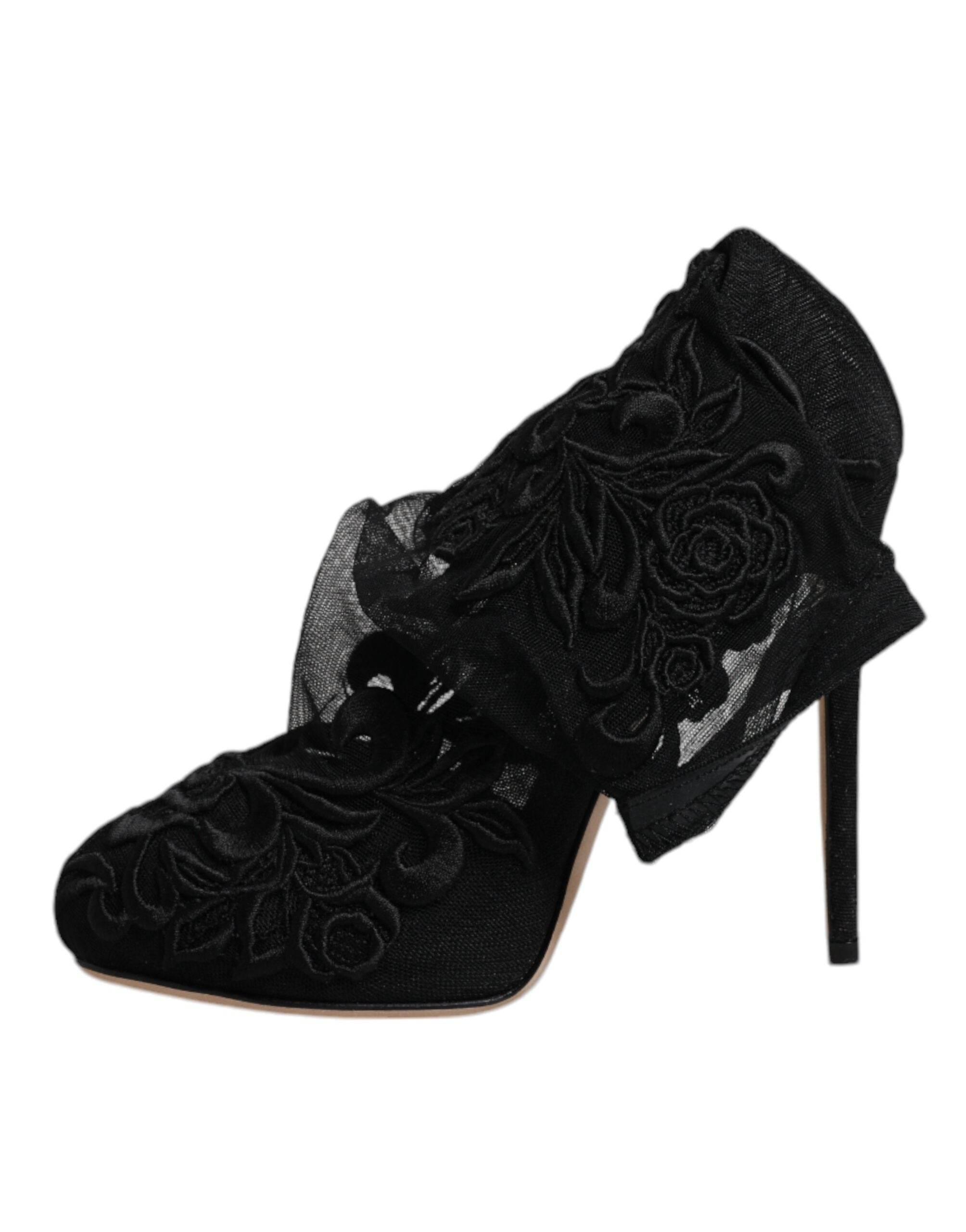 Dolce & Gabbana Black Tulle Stretch Heels Mid Calf Boots Shoes - Hilstor