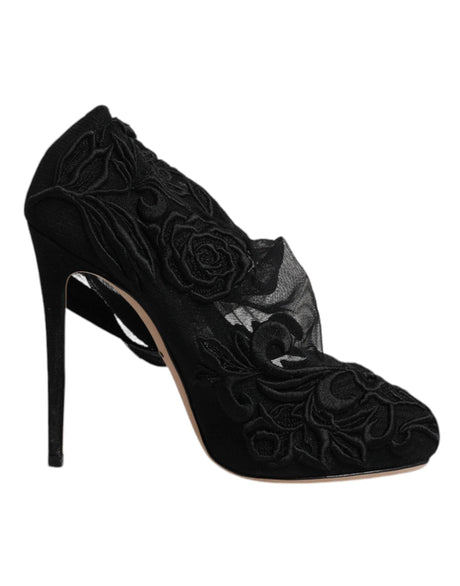 Dolce & Gabbana Black Tulle Stretch Heels Mid Calf Boots Shoes - Hilstor