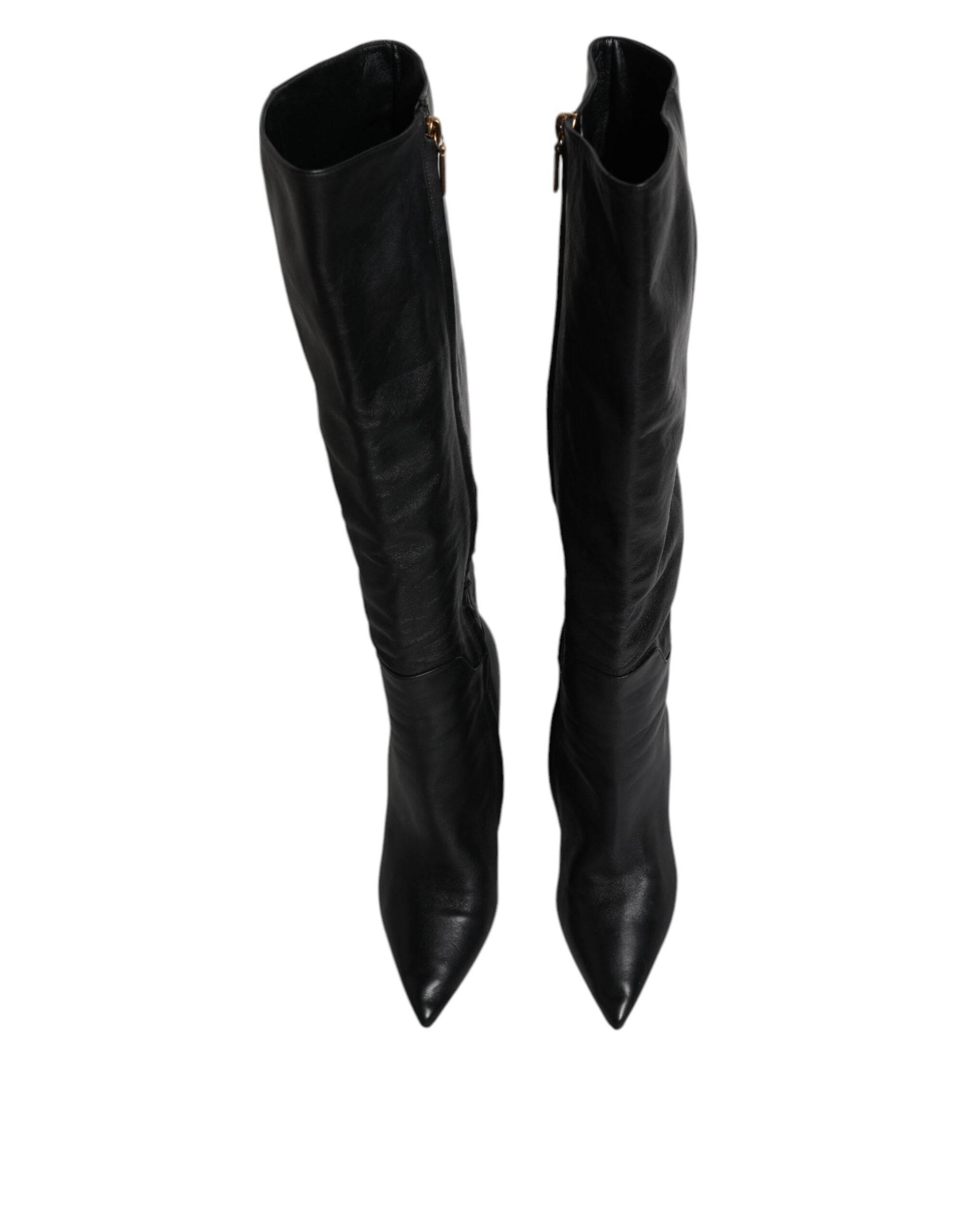 Dolce & Gabbana Black Leather Heels Knee High Boots Shoes - Hilstor