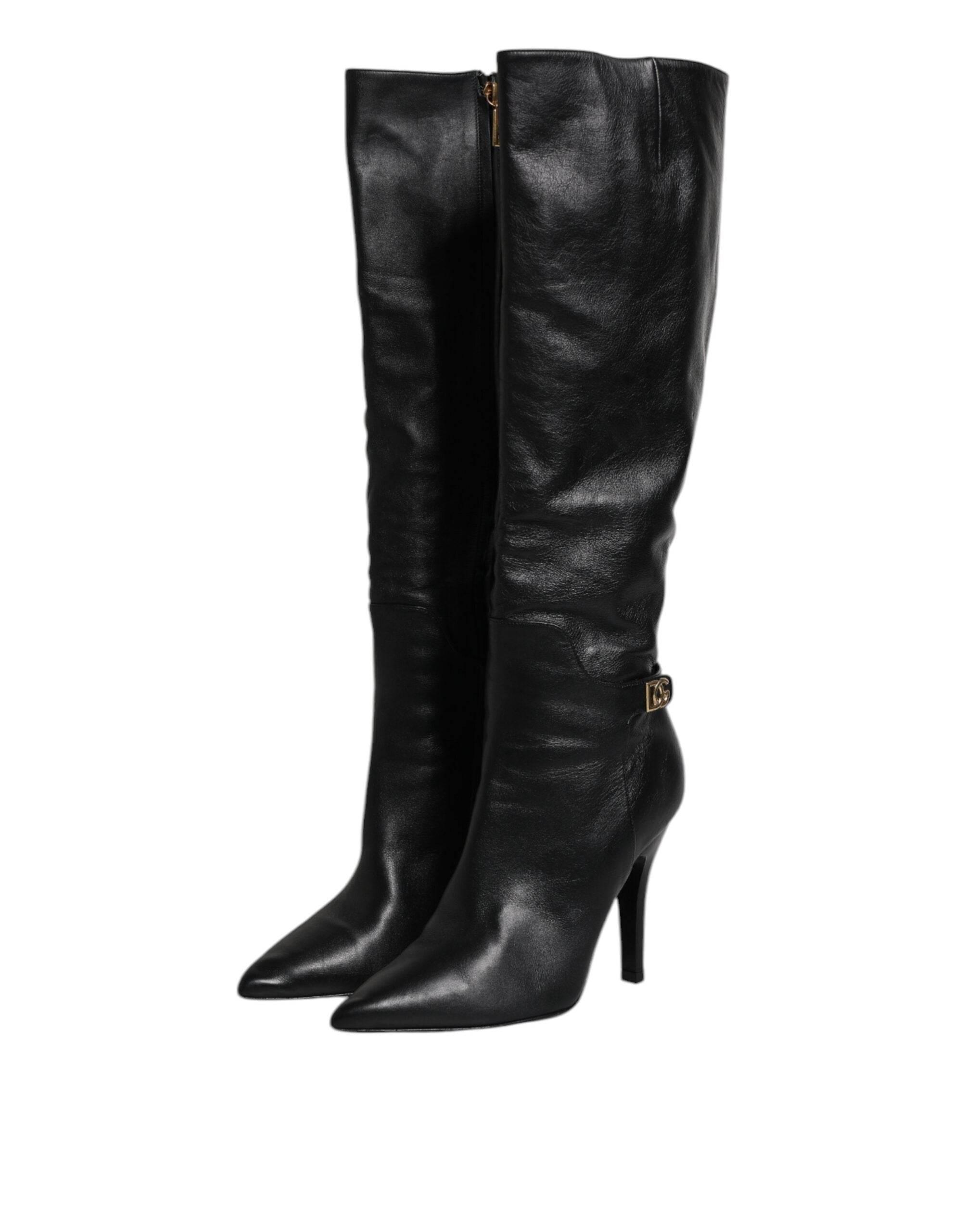 Dolce & Gabbana Black Leather Heels Knee High Boots Shoes - Hilstor