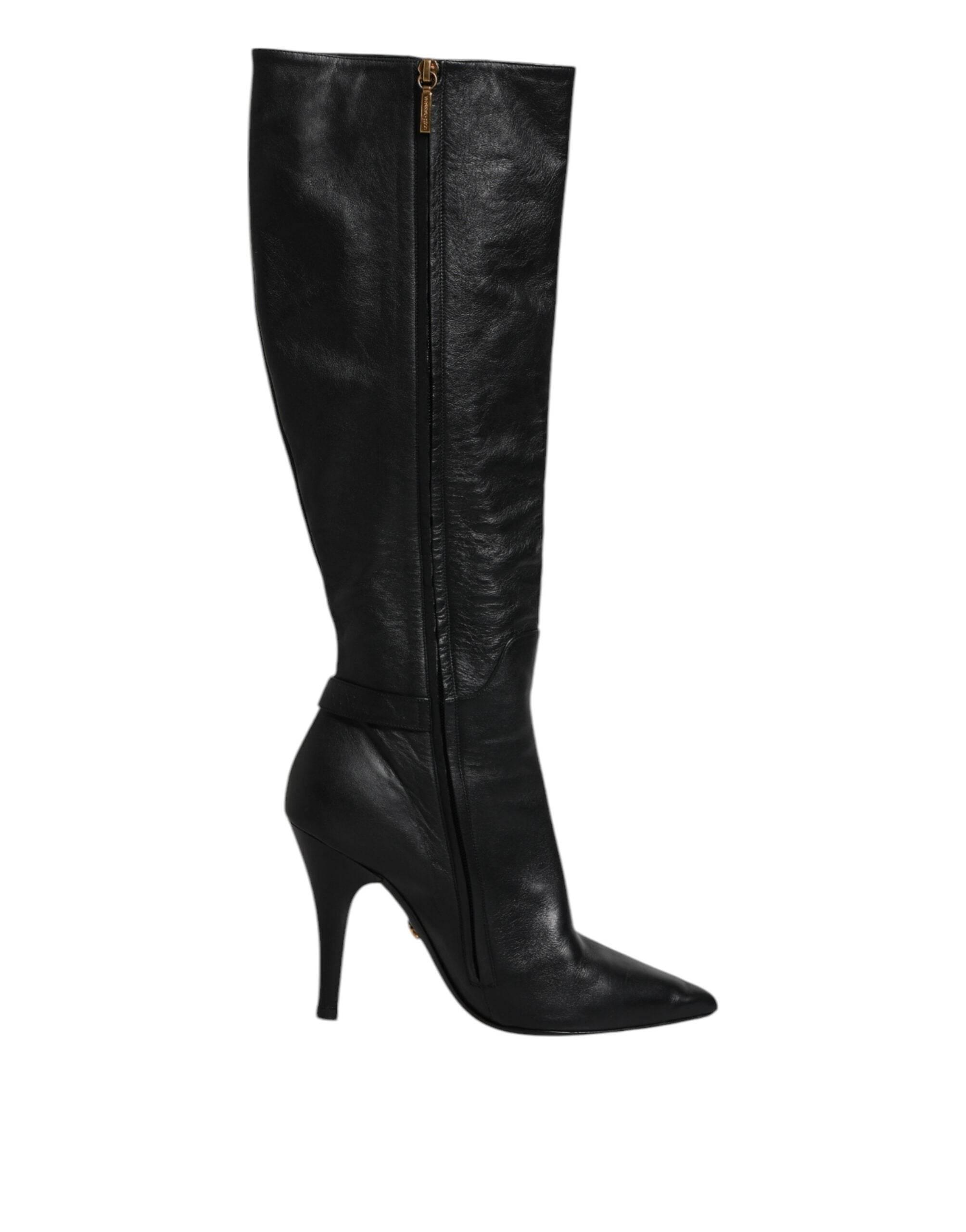 Dolce & Gabbana Black Leather Heels Knee High Boots Shoes - Hilstor