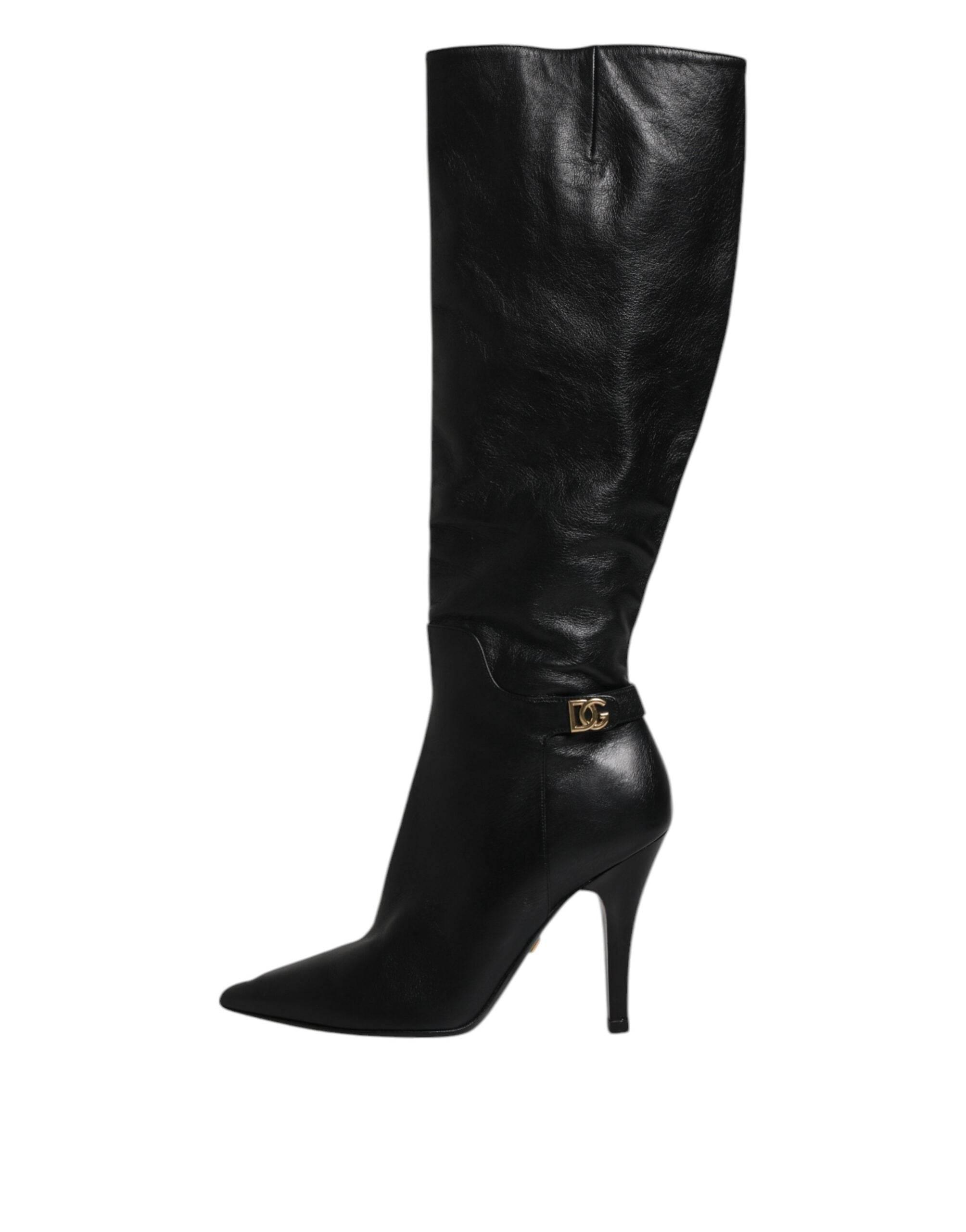 Dolce & Gabbana Black Leather Heels Knee High Boots Shoes - Hilstor