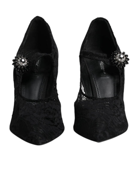 Dolce & Gabbana Black Lace Crystals Mary Jane Pumps Shoes - Hilstor