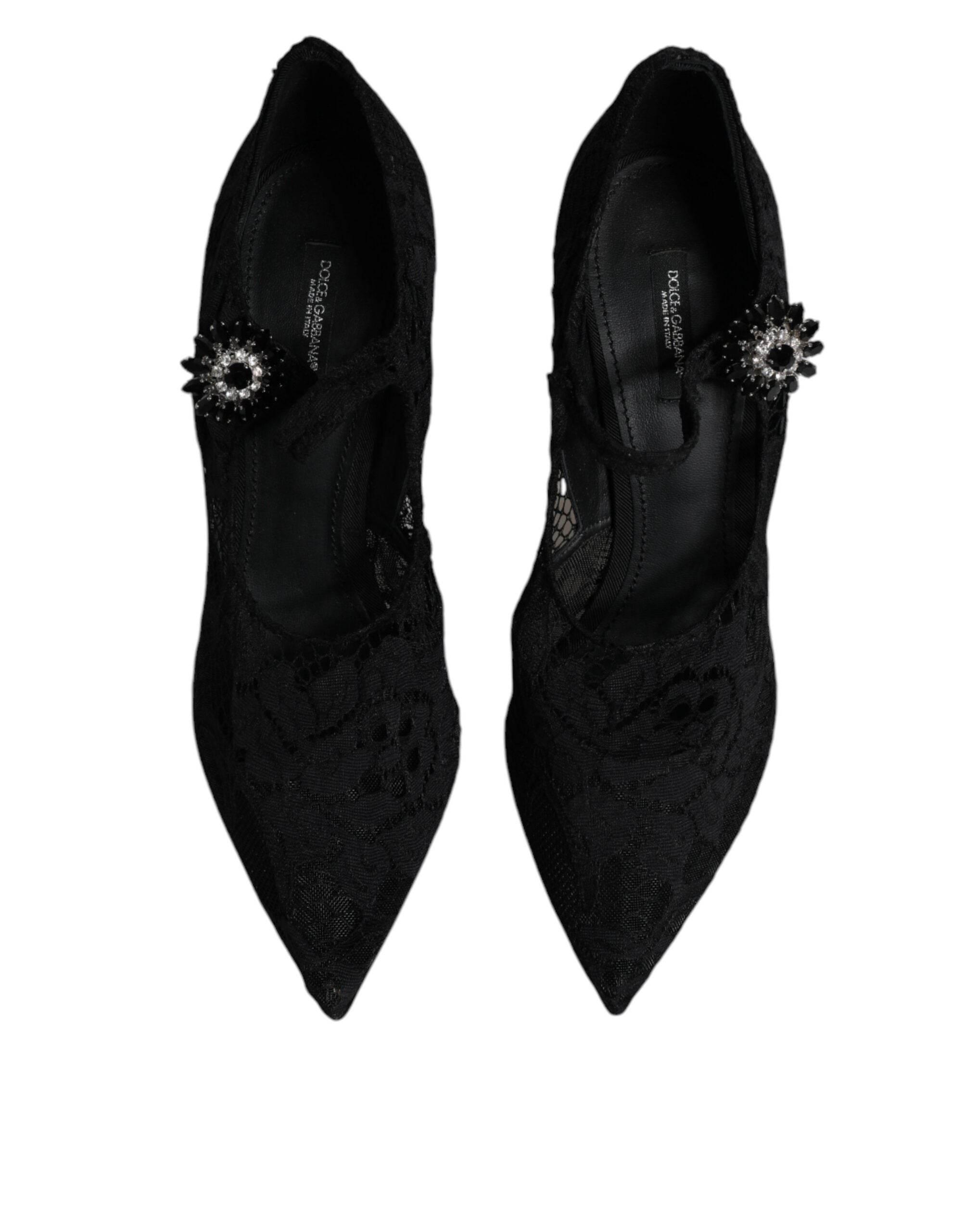 Dolce & Gabbana Black Lace Crystals Mary Jane Pumps Shoes - Hilstor