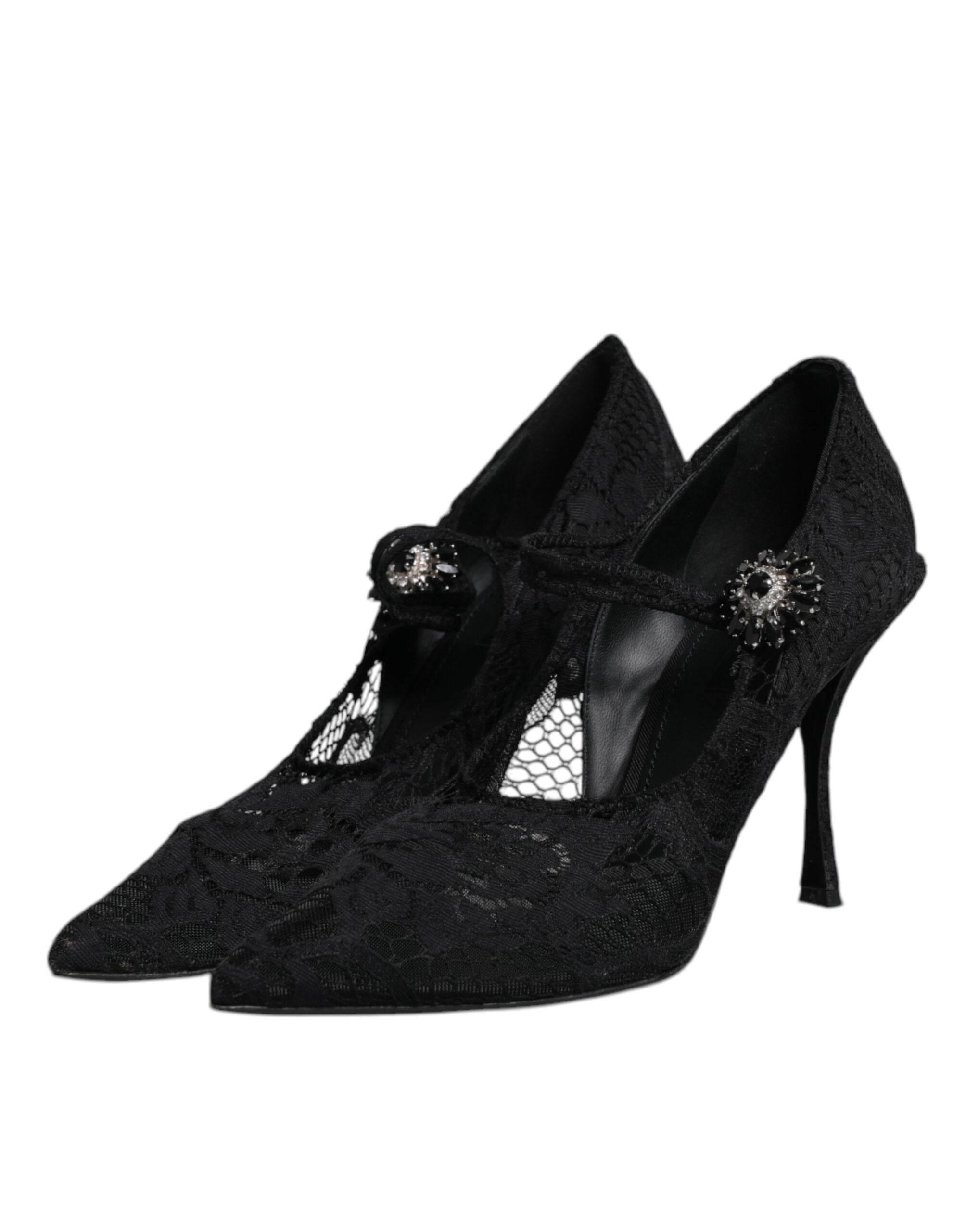 Dolce & Gabbana Black Lace Crystals Mary Jane Pumps Shoes - Hilstor