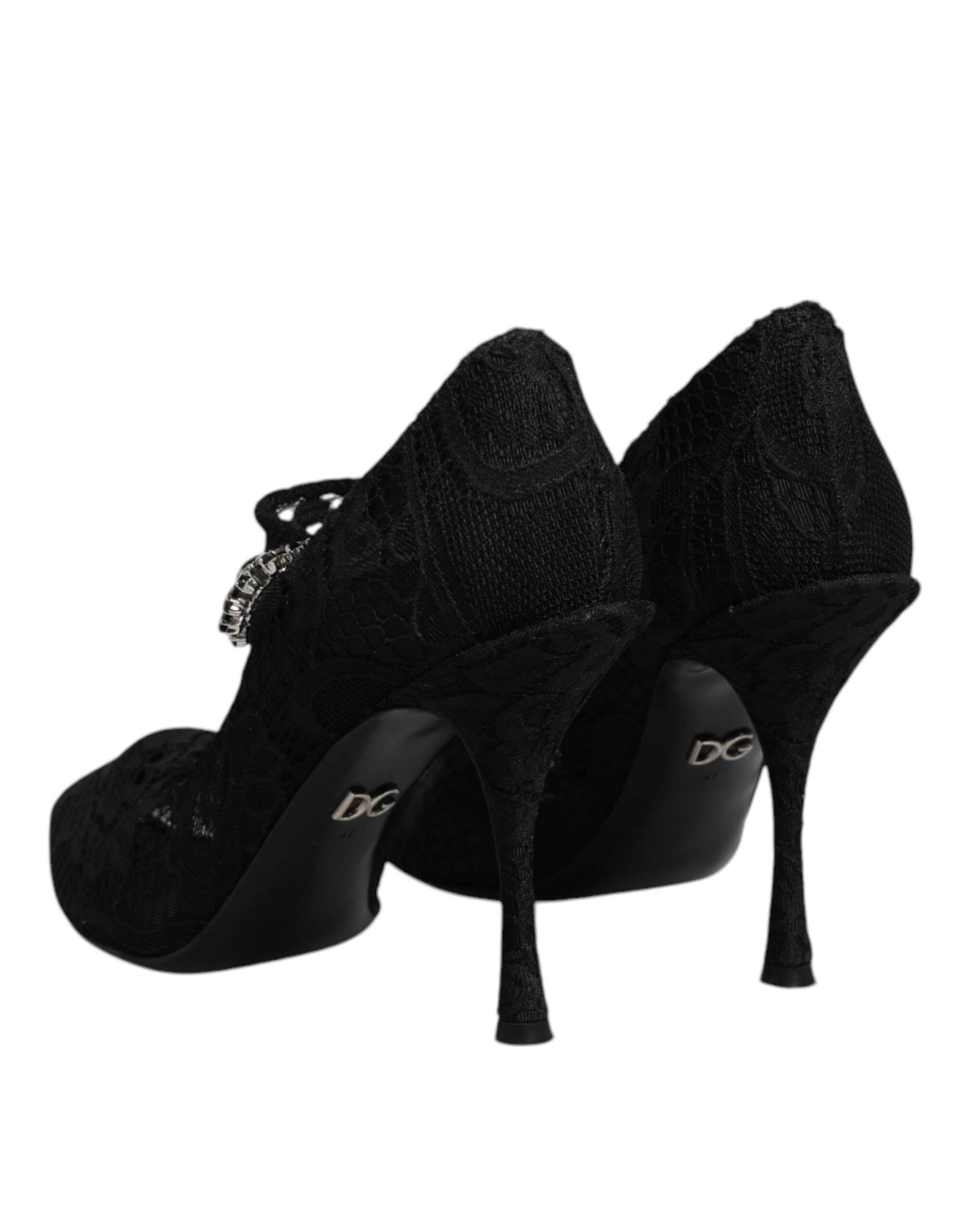 Dolce & Gabbana Black Lace Crystals Mary Jane Pumps Shoes - Hilstor