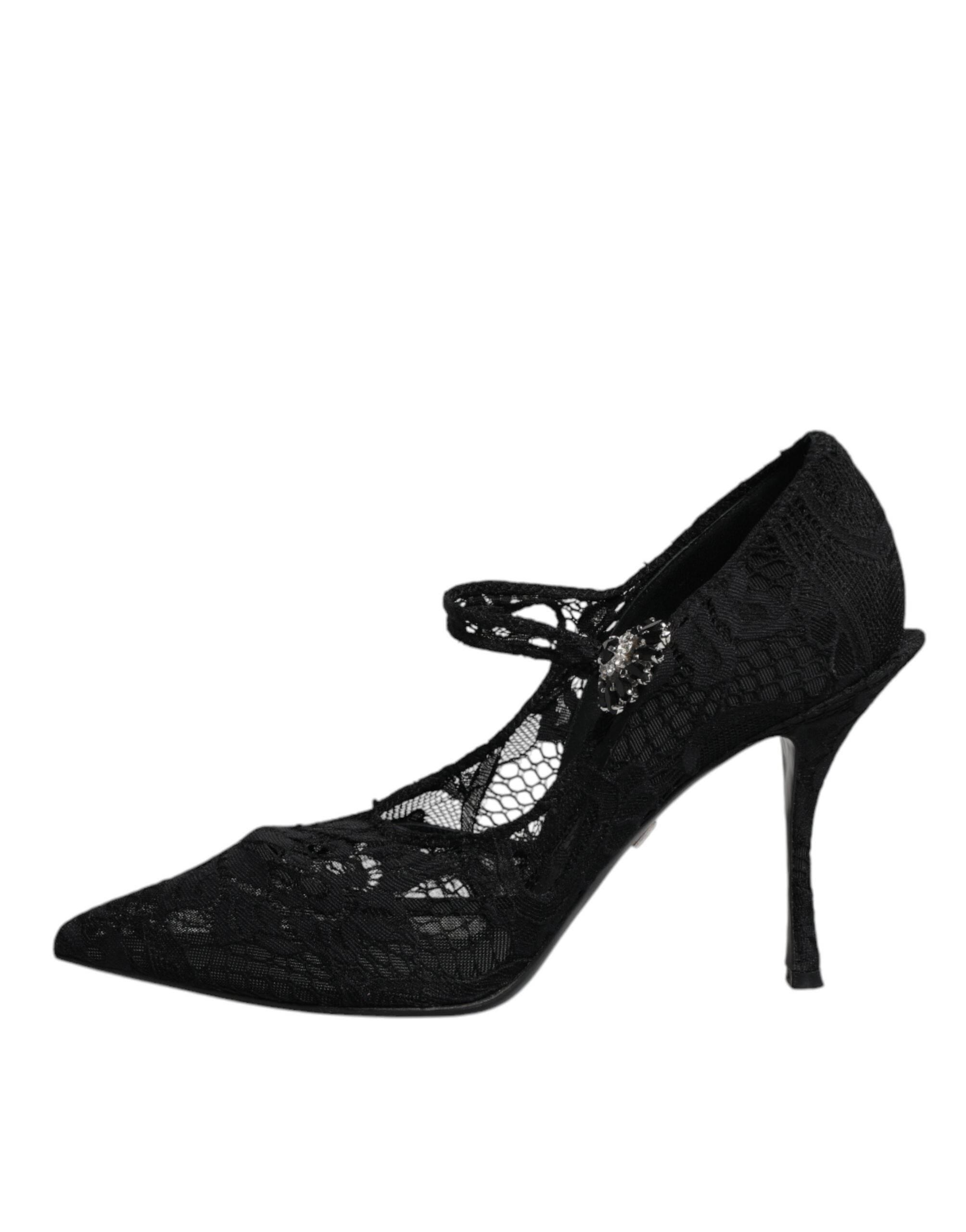 Dolce & Gabbana Black Lace Crystals Mary Jane Pumps Shoes - Hilstor